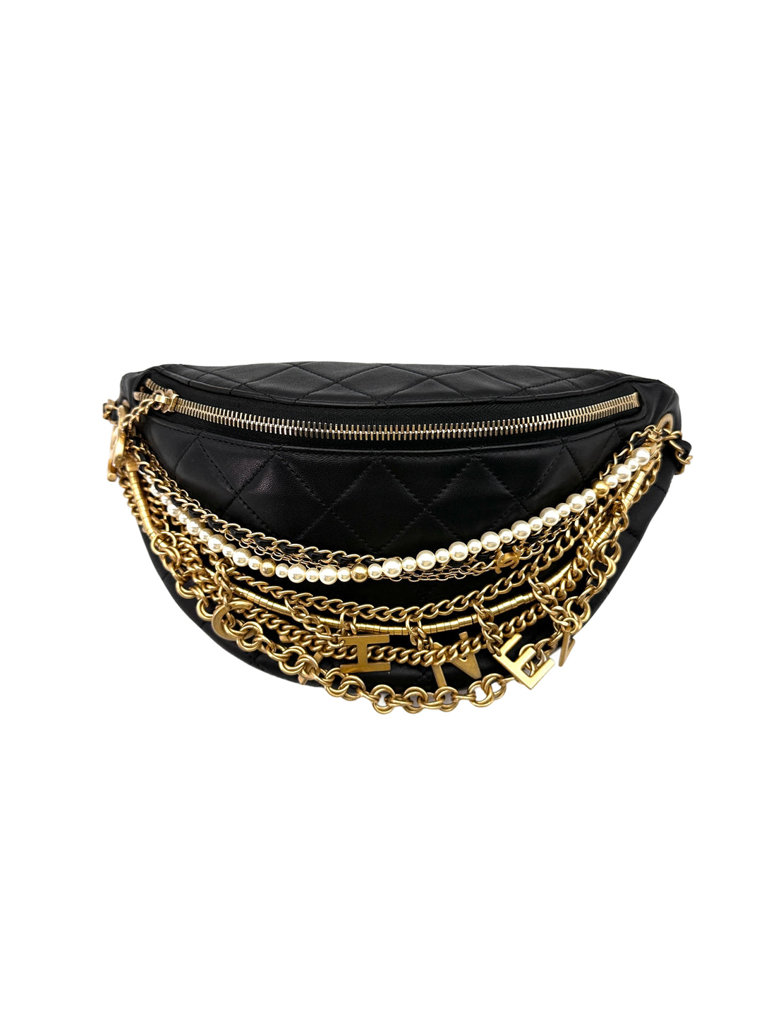 Chanel "All About Chains" Black Quilted Leather Waist Bag With Pearl And Gold Hardware(27***40) IRIS092