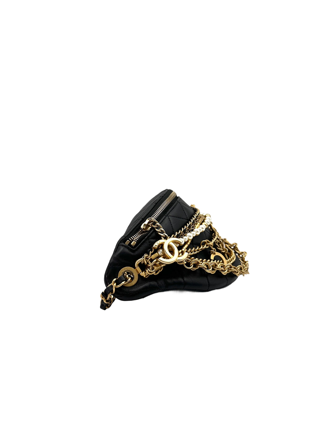 Chanel "All About Chains" Black Quilted Leather Waist Bag With Pearl And Gold Hardware(27***40) IRIS092