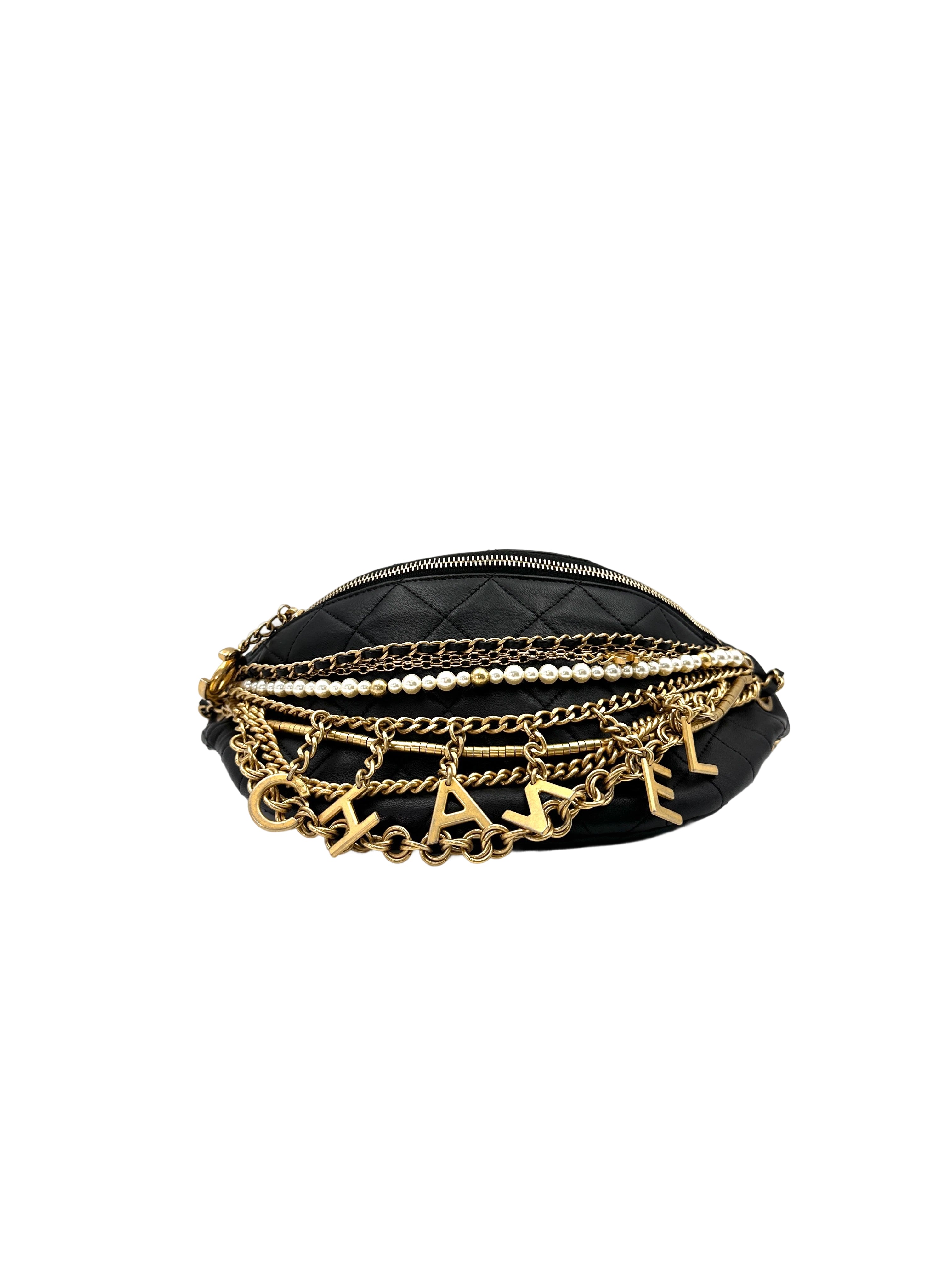 Chanel "All About Chains" Black Quilted Leather Waist Bag With Pearl And Gold Hardware(27***40) IRIS092