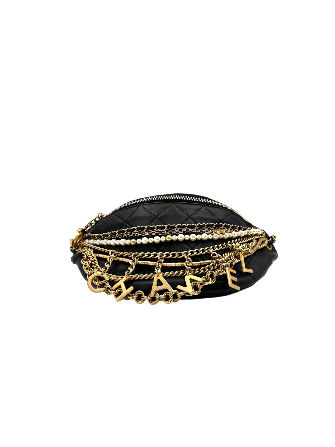 Chanel "All About Chains" Black Quilted Leather Waist Bag With Pearl And Gold Hardware(27***40) IRIS092