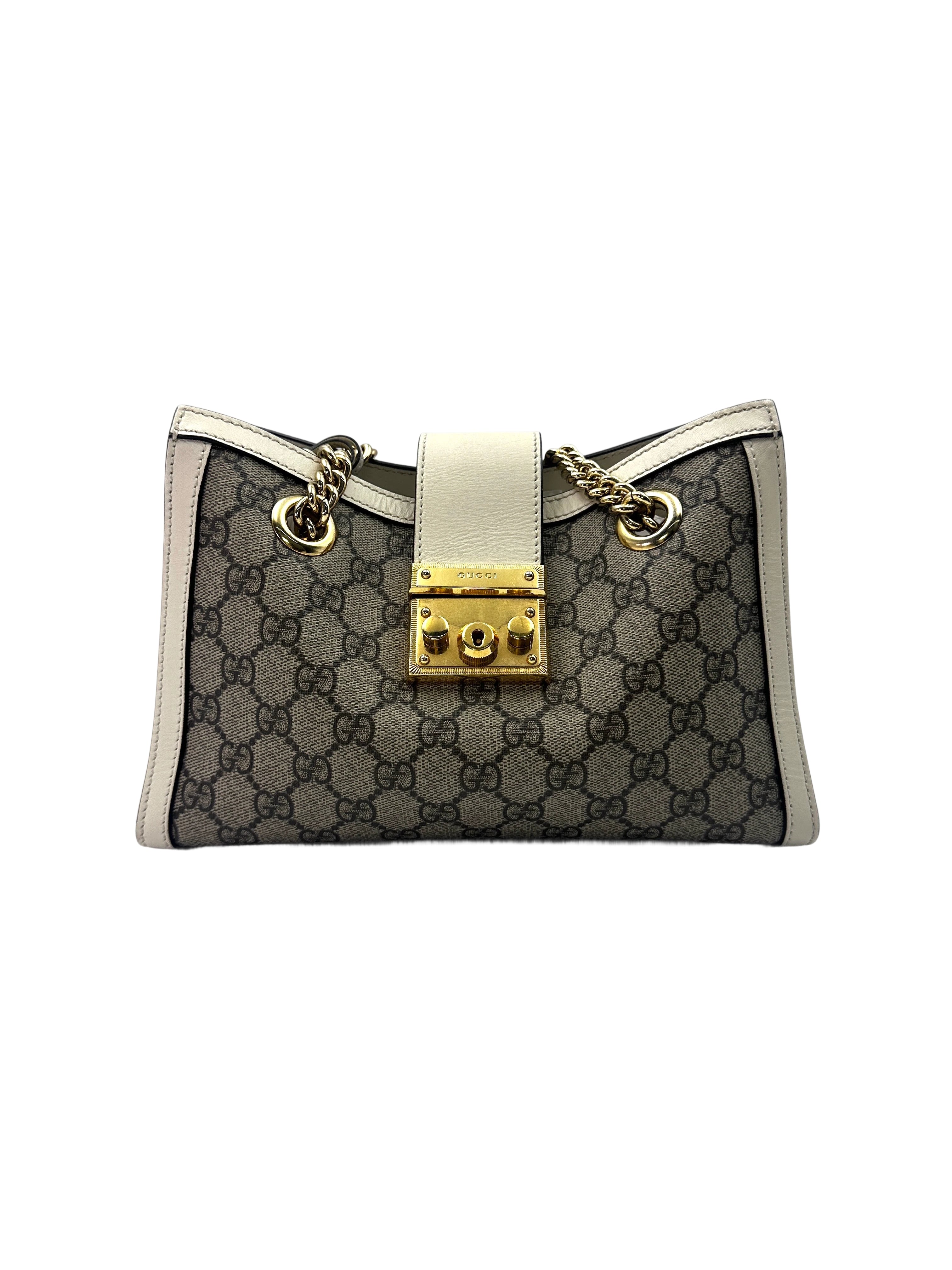 Gucci Padlock GG Supreme Small Size Shoulder Bag With White Leather Trim GG785