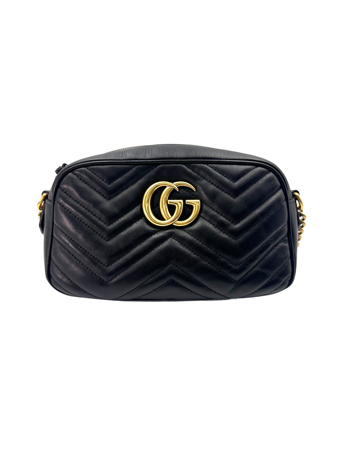 Gucci GG Marmont Black Matelasse Chevron Leather Medium Size Shoulder Bag GG787