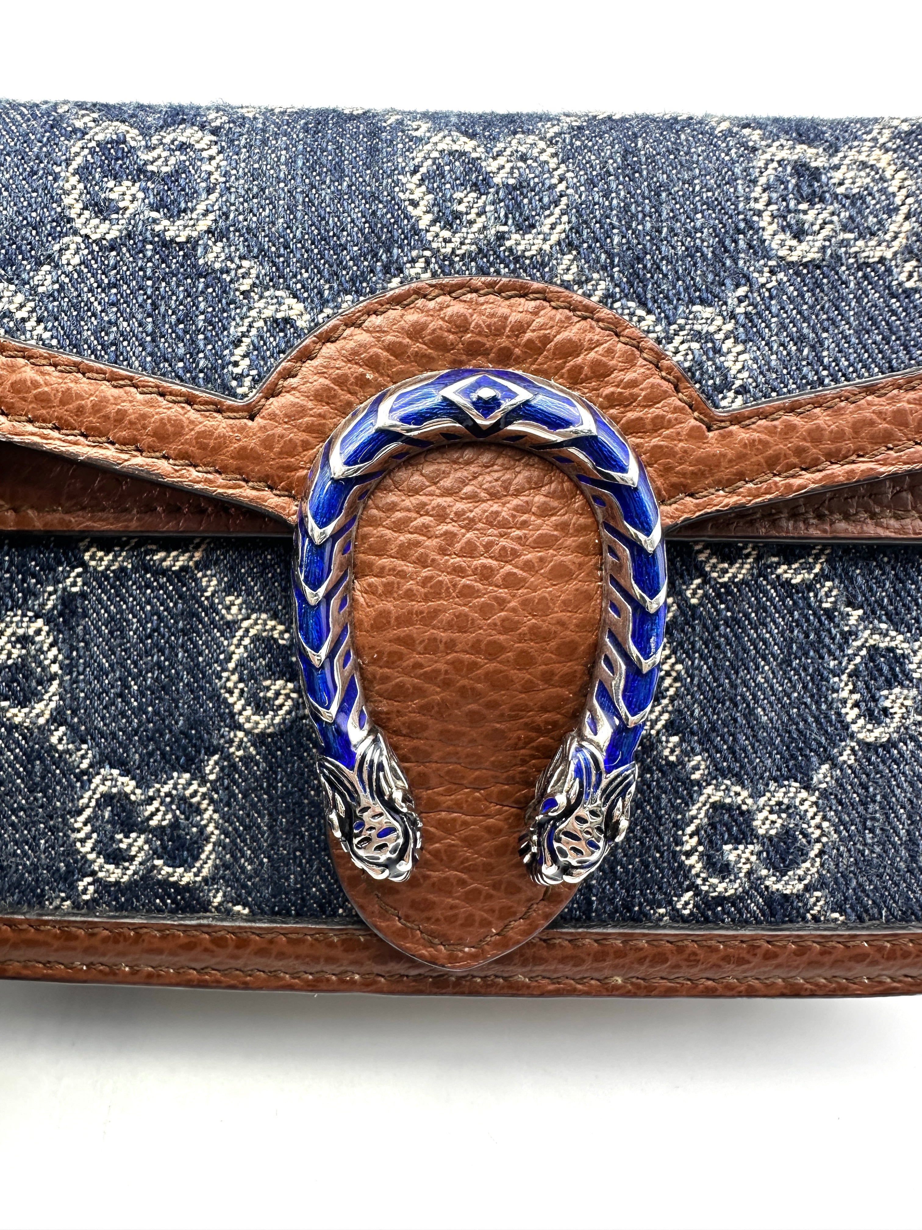 Gucci Dionysus GG Blue Denim Jacquard & Brown Leather Chain Mini Shoulder Bag GG792