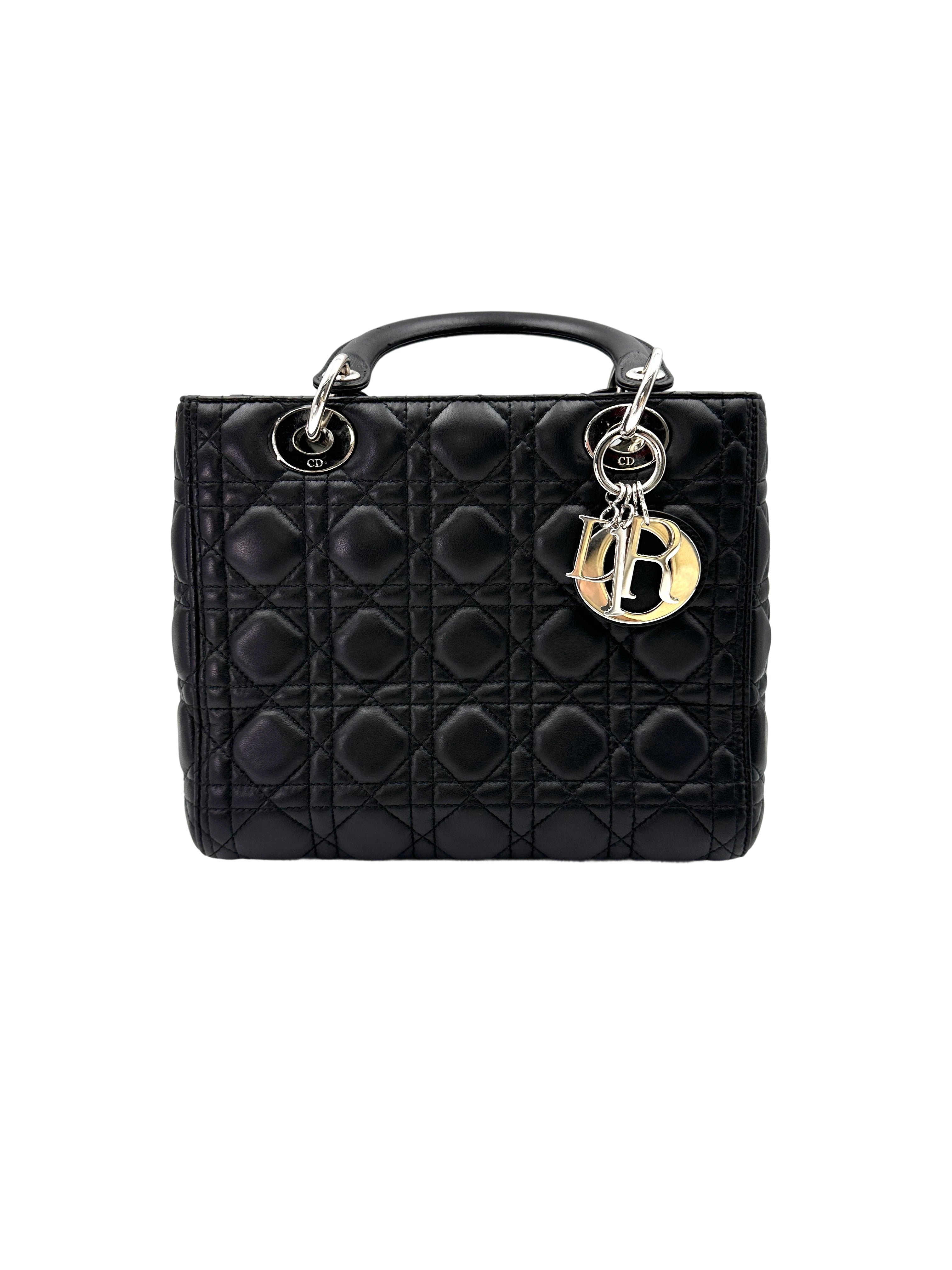 Christian Dior Lady Dior Black Cannage Leather Handle Bag With Silver Charms DR598
