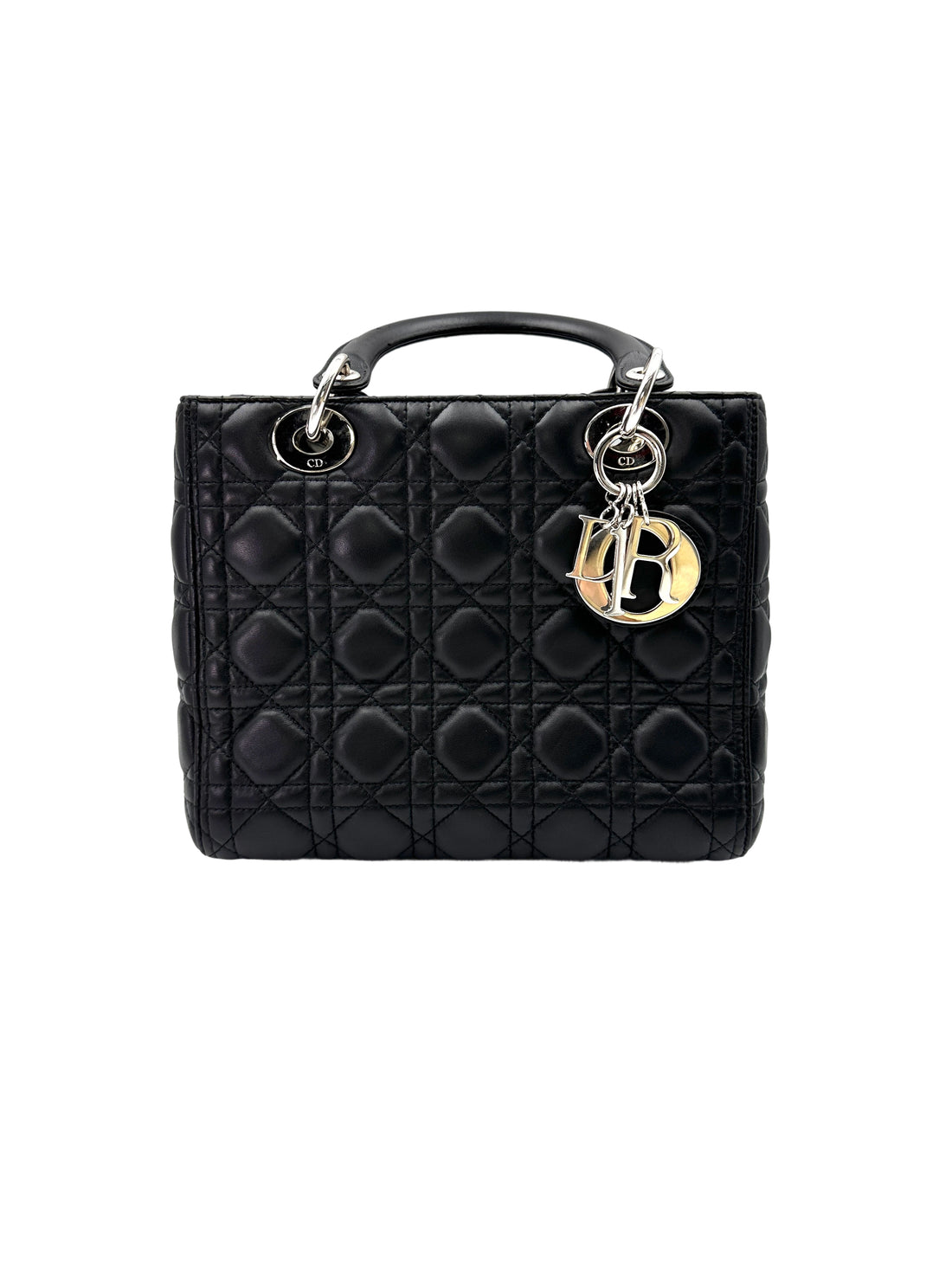 Christian Dior Lady Dior Black Cannage Leather Handle Bag With Silver Charms DR598
