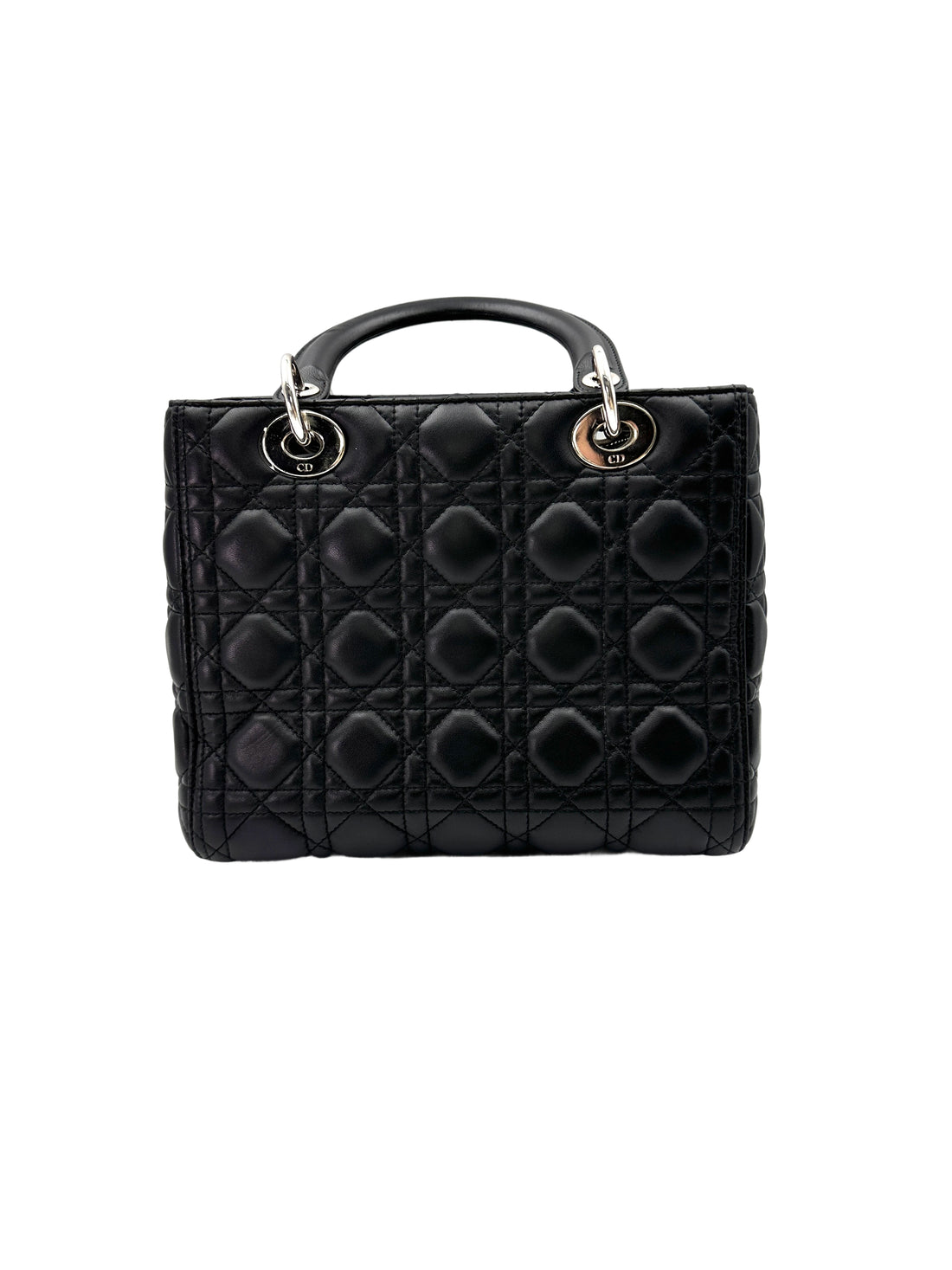 Christian Dior Lady Dior Black Cannage Leather Handle Bag With Silver Charms DR598