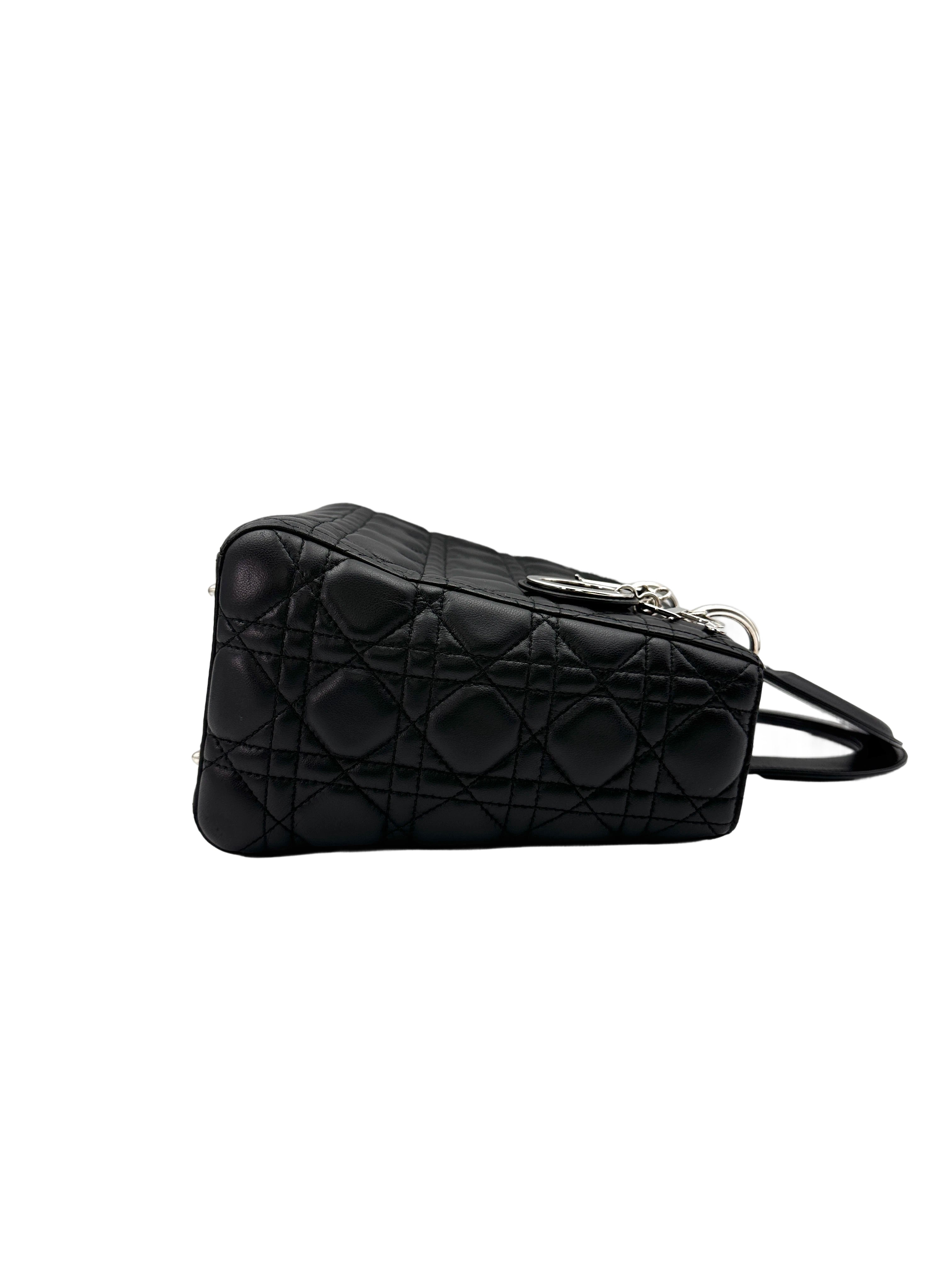 Christian Dior Lady Dior Black Cannage Leather Handle Bag With Silver Charms DR598