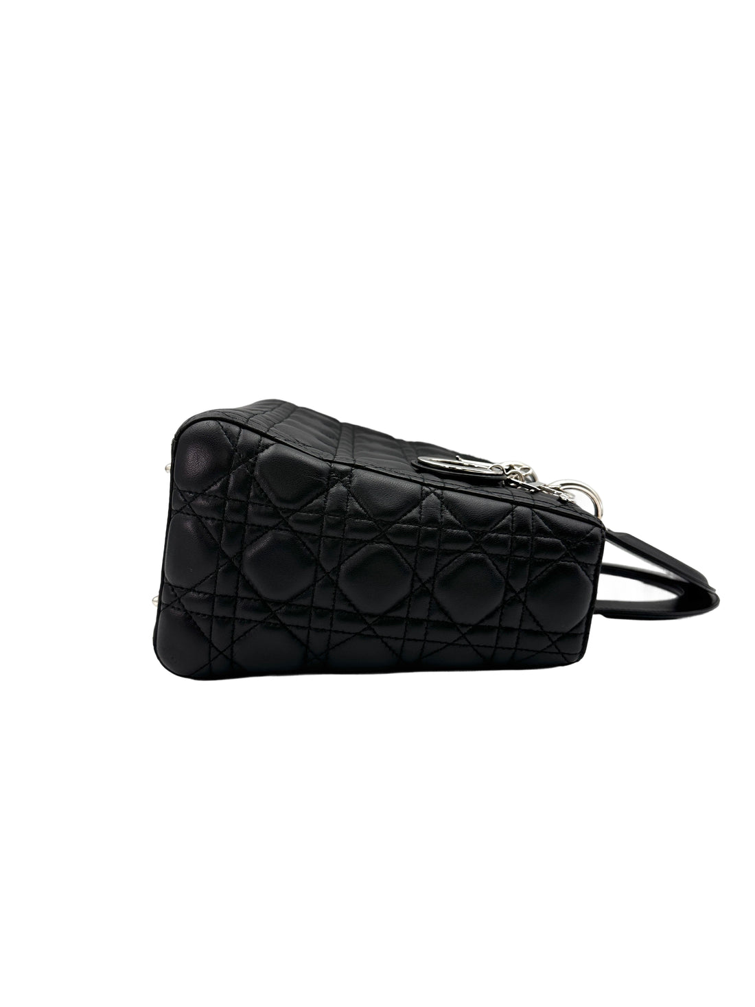 Christian Dior Lady Dior Black Cannage Leather Handle Bag With Silver Charms DR598