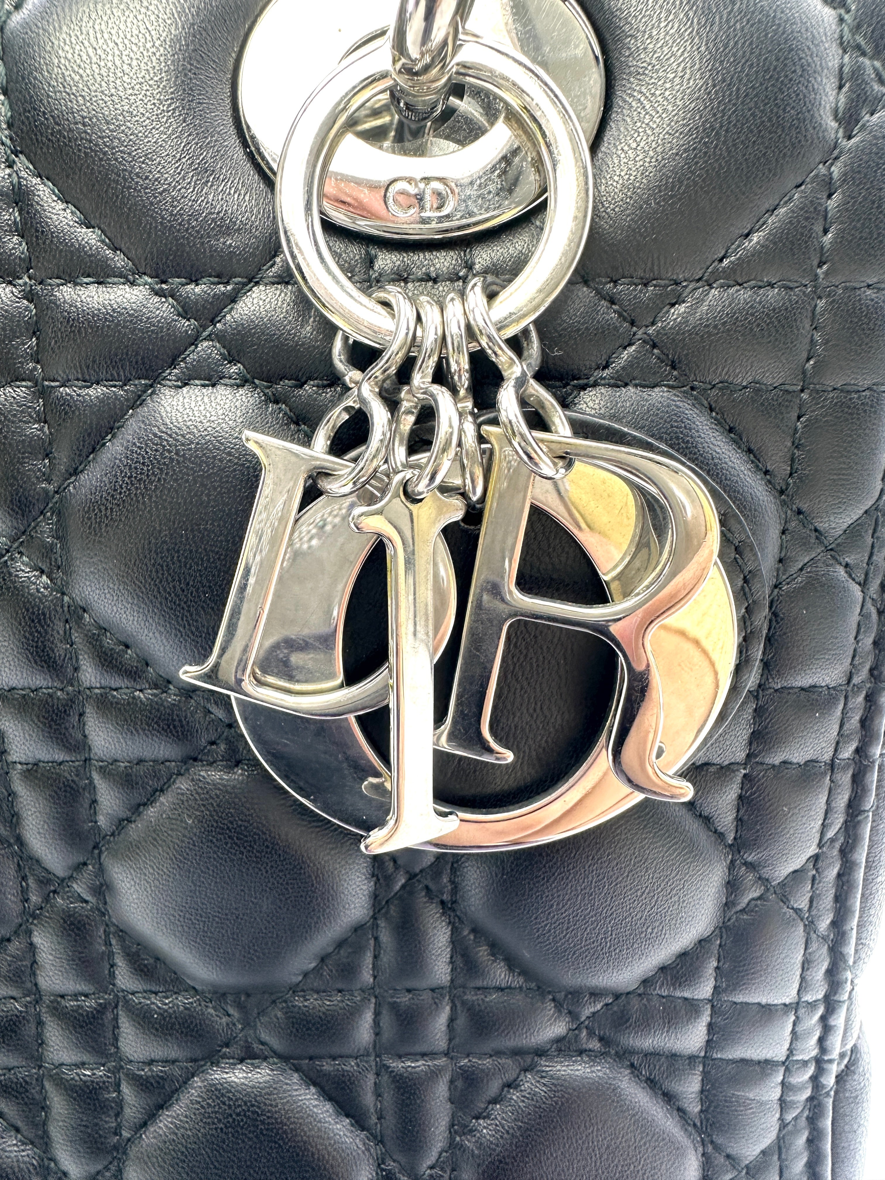 Christian Dior Lady Dior Black Cannage Leather Handle Bag With Silver Charms DR598