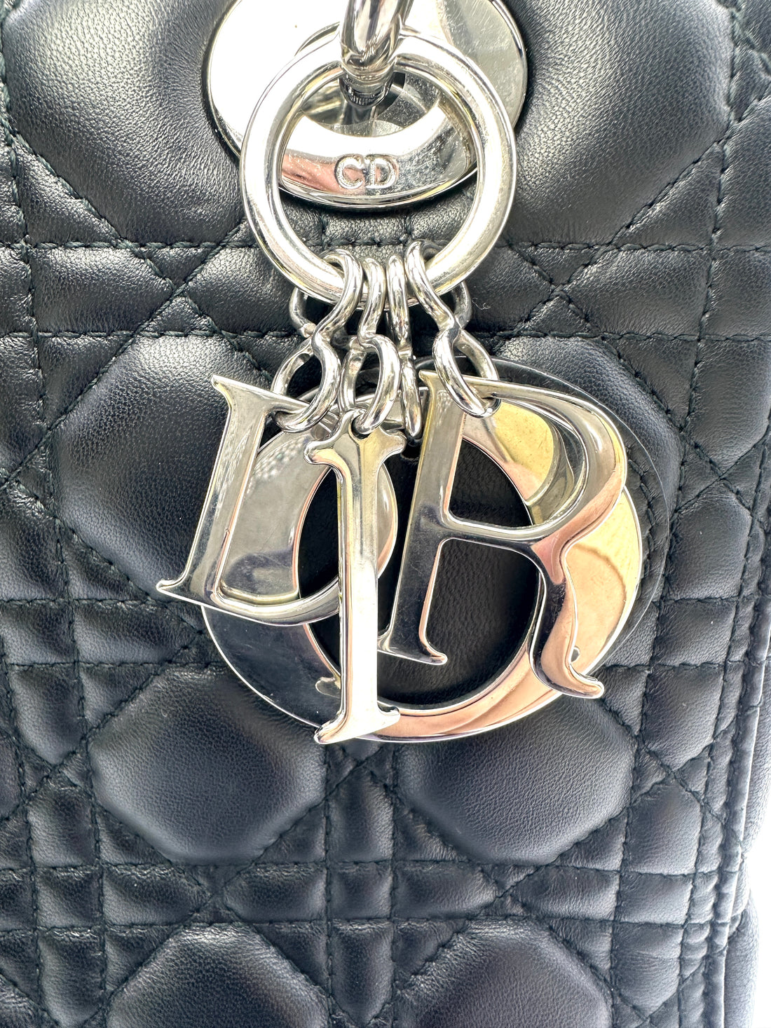 Christian Dior Lady Dior Black Cannage Leather Handle Bag With Silver Charms DR598