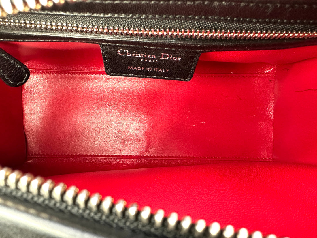Christian Dior Lady Dior Black Cannage Leather Handle Bag With Silver Charms DR598
