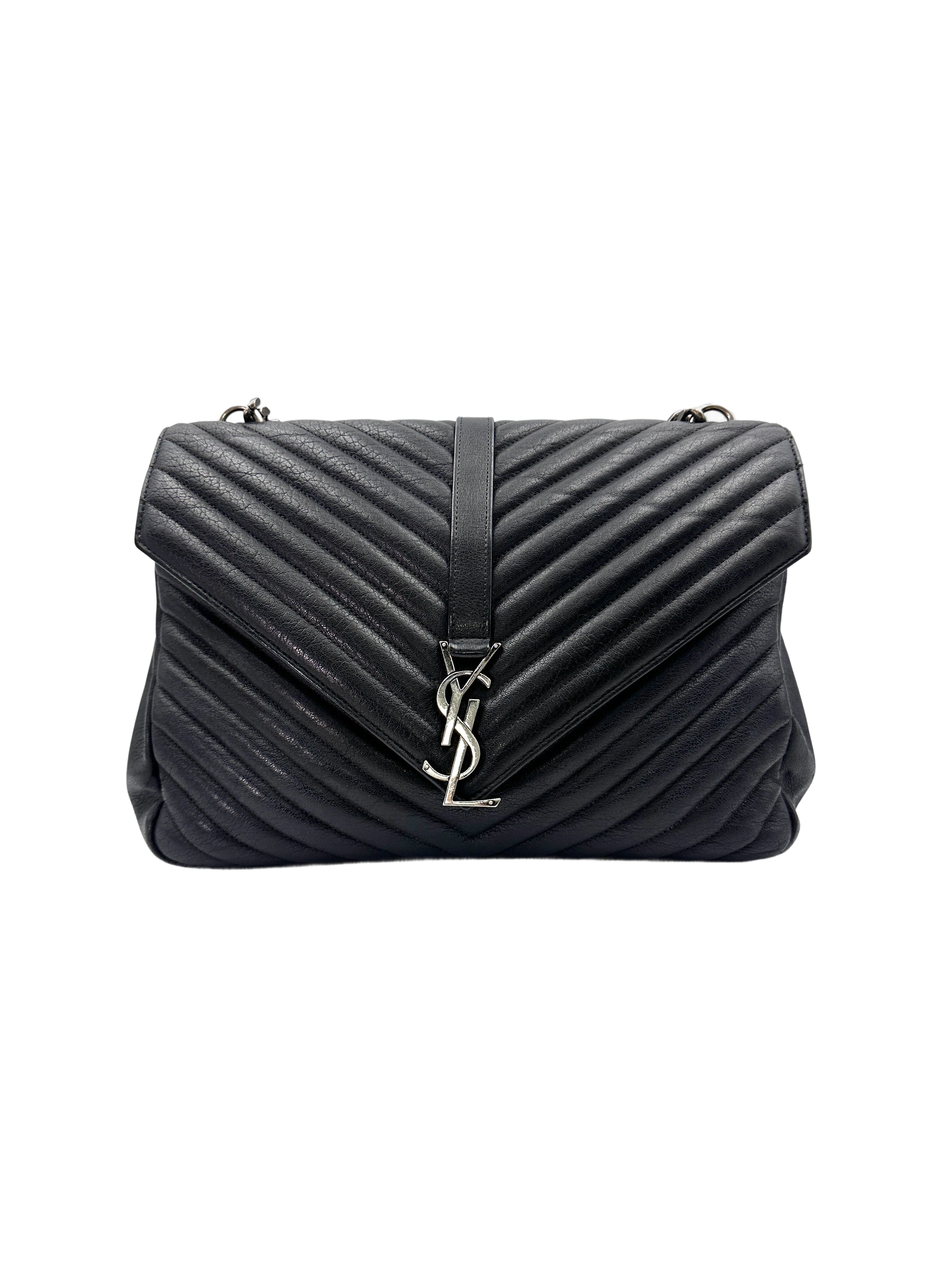 Saint Laurent College Black Chevron Quilted Leather Large Size Flap Bag SL179