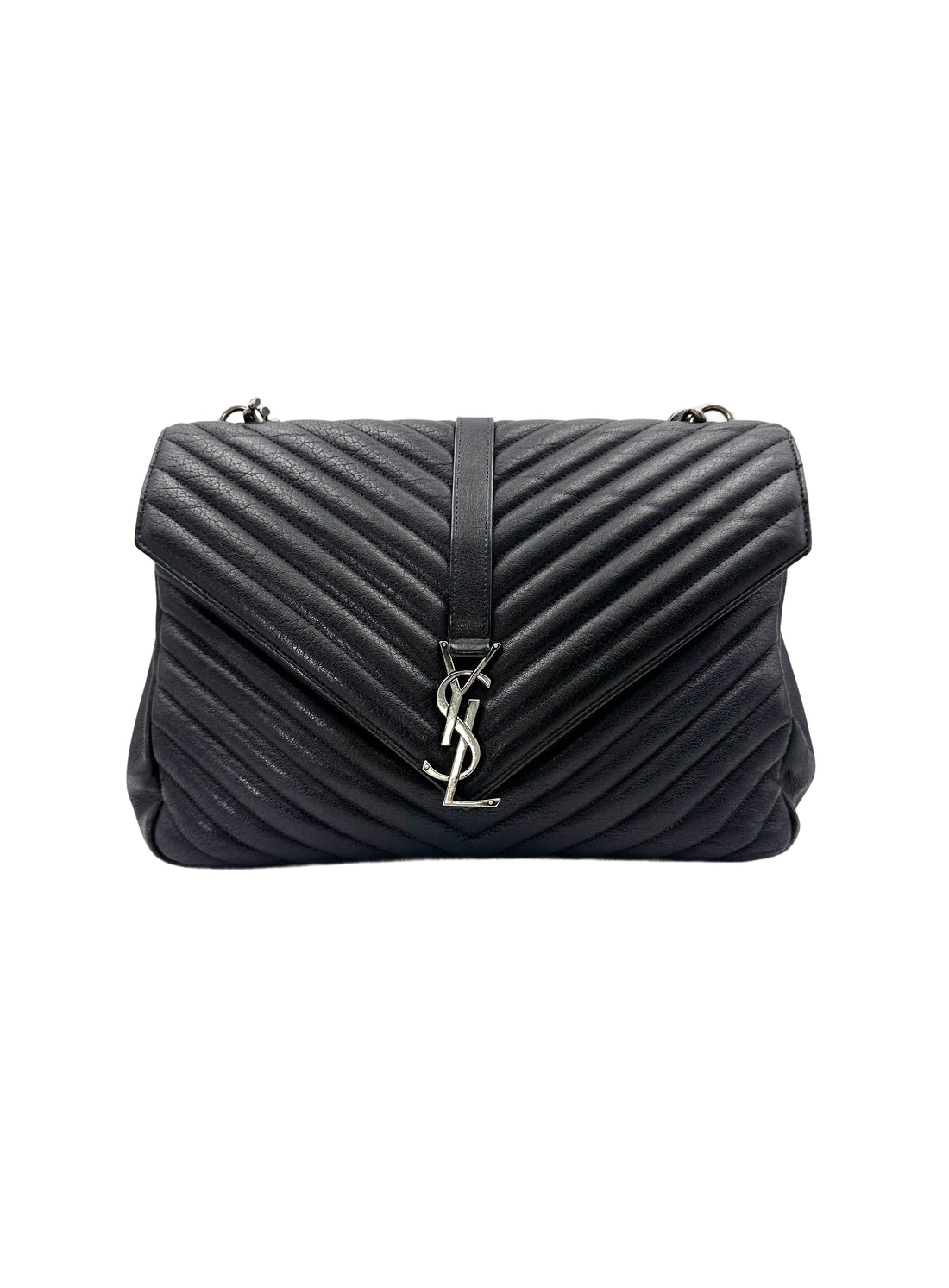 Saint Laurent College Black Chevron Quilted Leather Large Size Flap Bag SL179