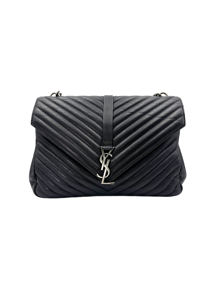 Saint Laurent College Black Chevron Quilted Leather Large Size Flap Bag SL179