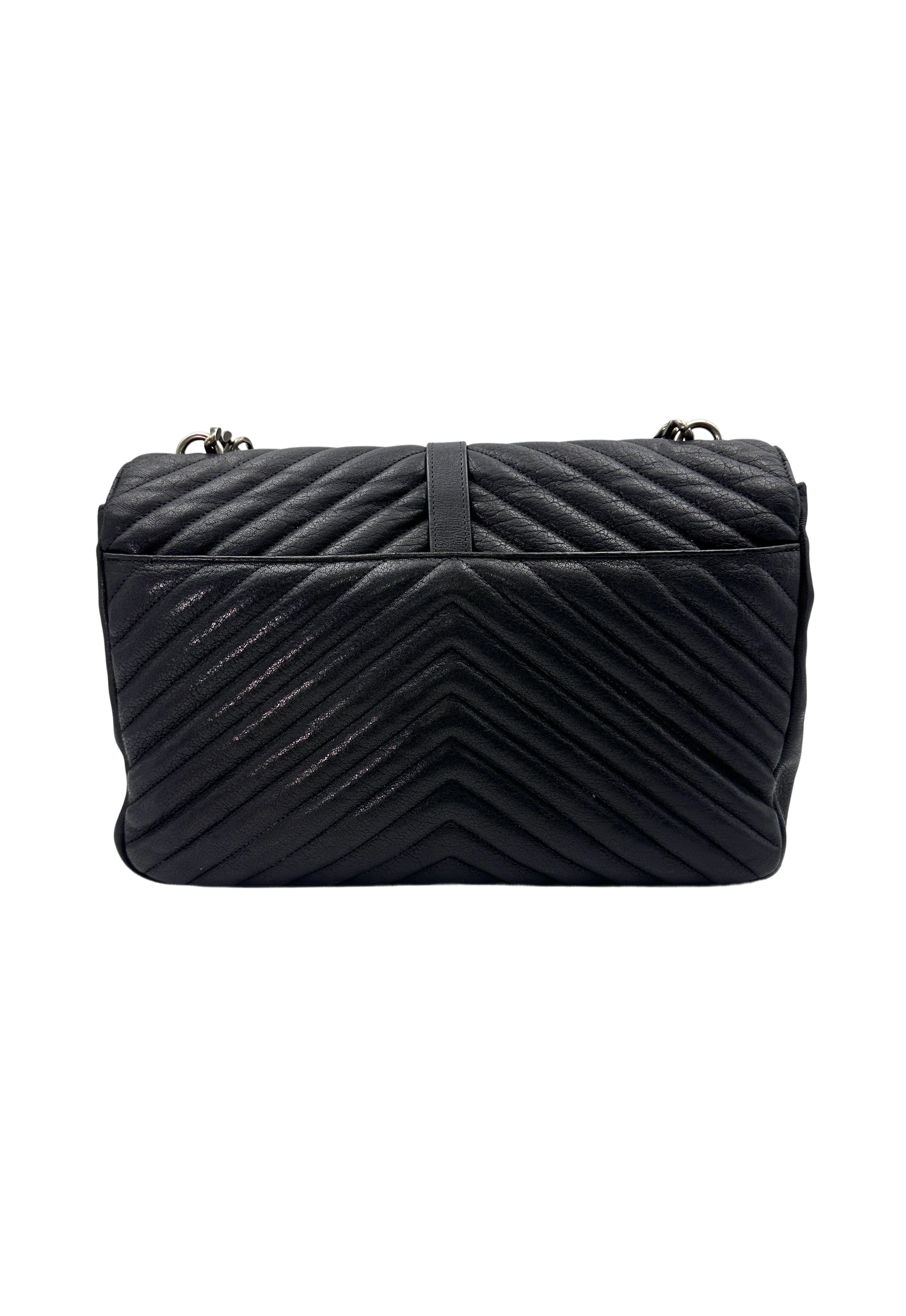 Saint Laurent College Black Chevron Quilted Leather Large Size Flap Bag SL179
