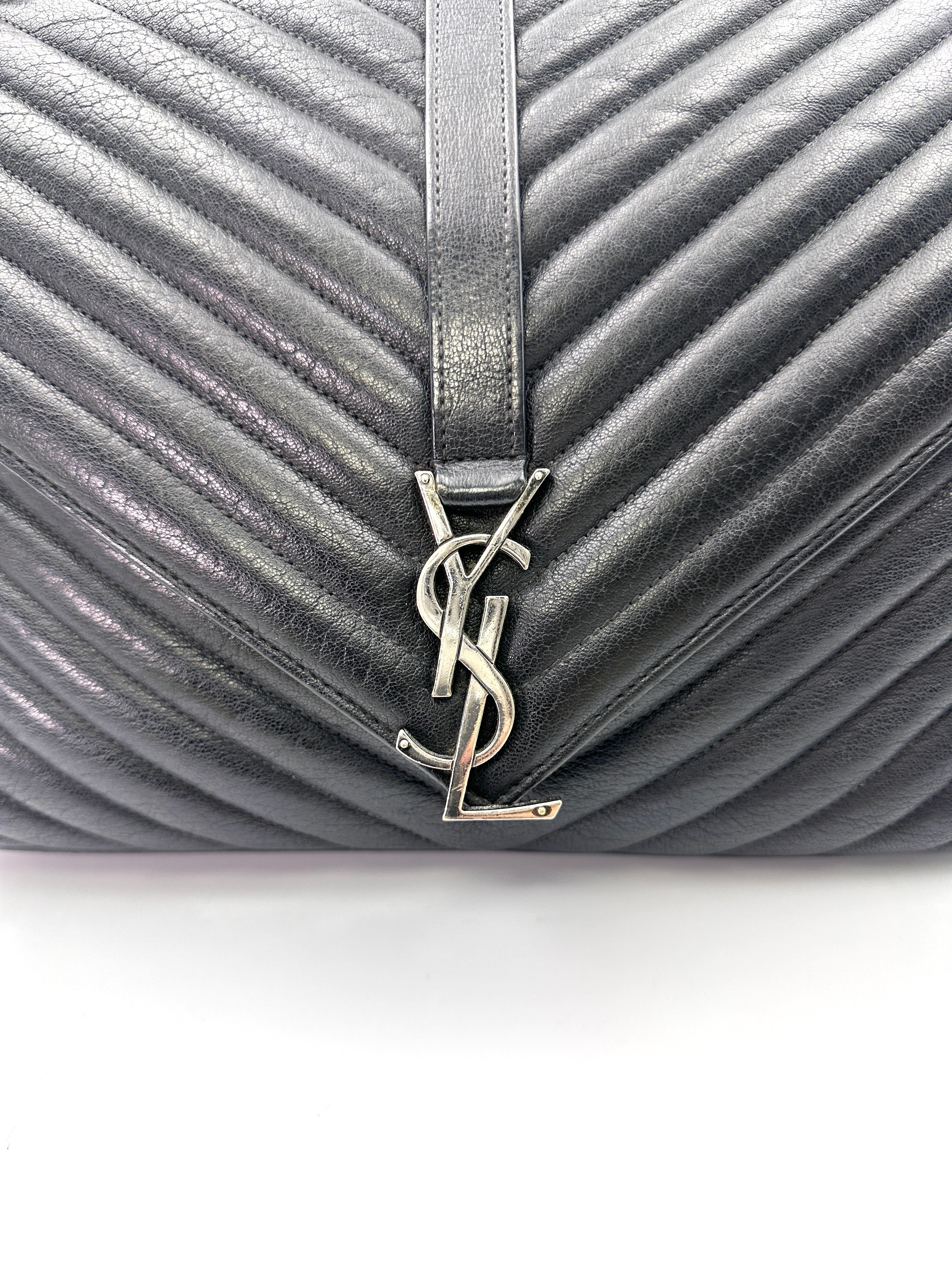 Saint Laurent College Black Chevron Quilted Leather Large Size Flap Bag SL179