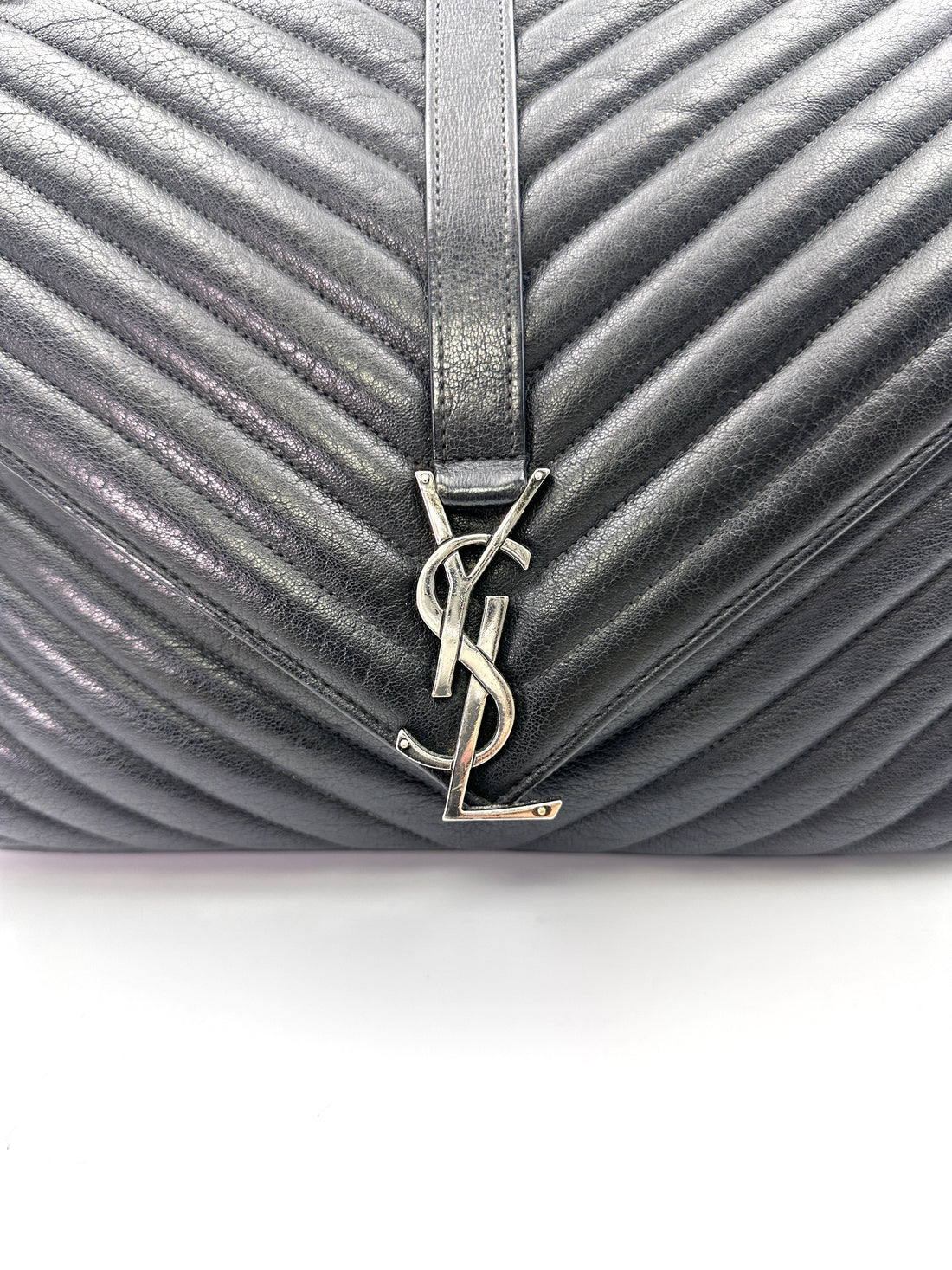 Saint Laurent College Black Chevron Quilted Leather Large Size Flap Bag SL179