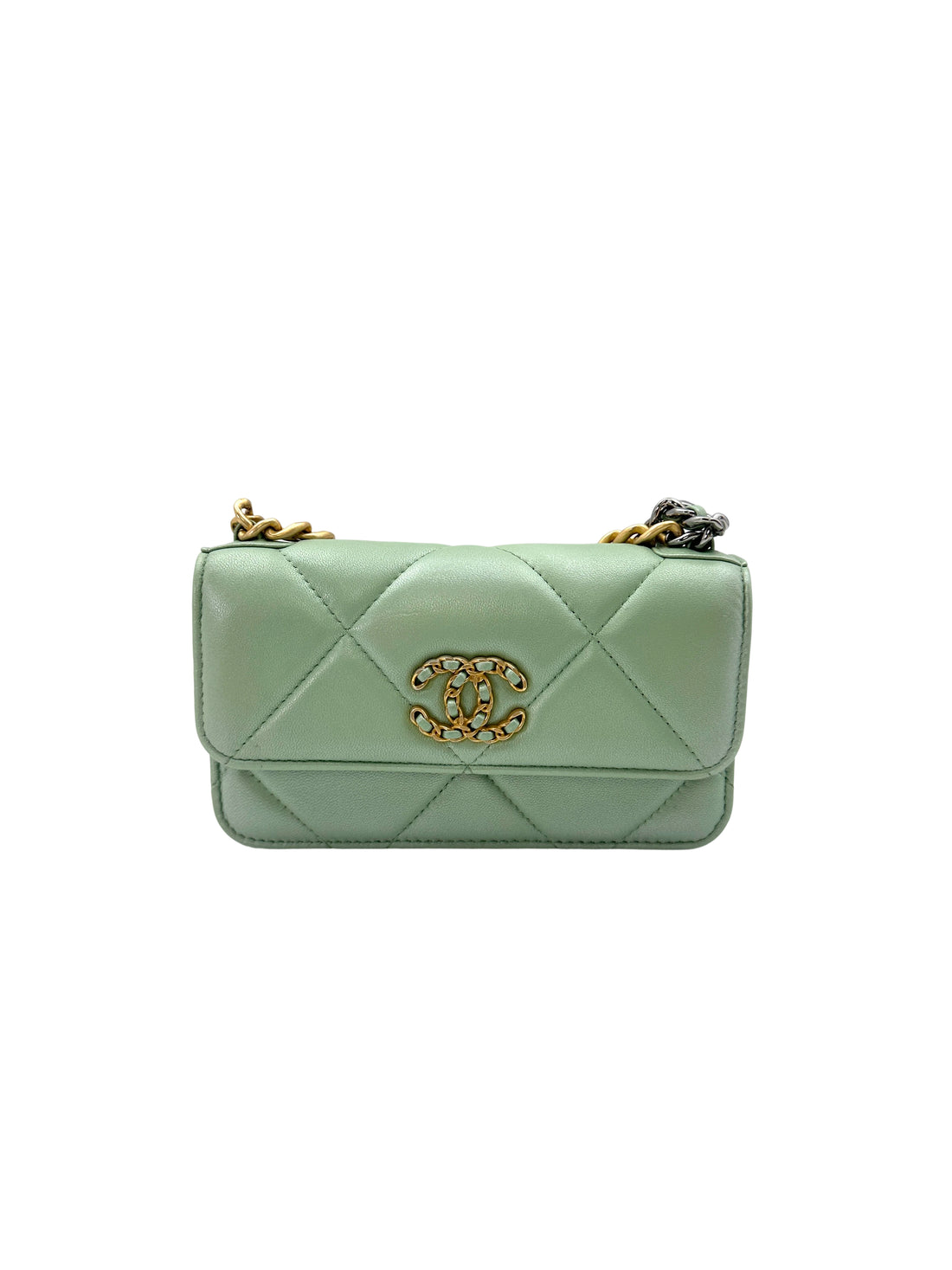 Chanel 19 Mint Green Qulited Leather Wallet On Chain With Gold Buckle(U6***H2) IRIS083