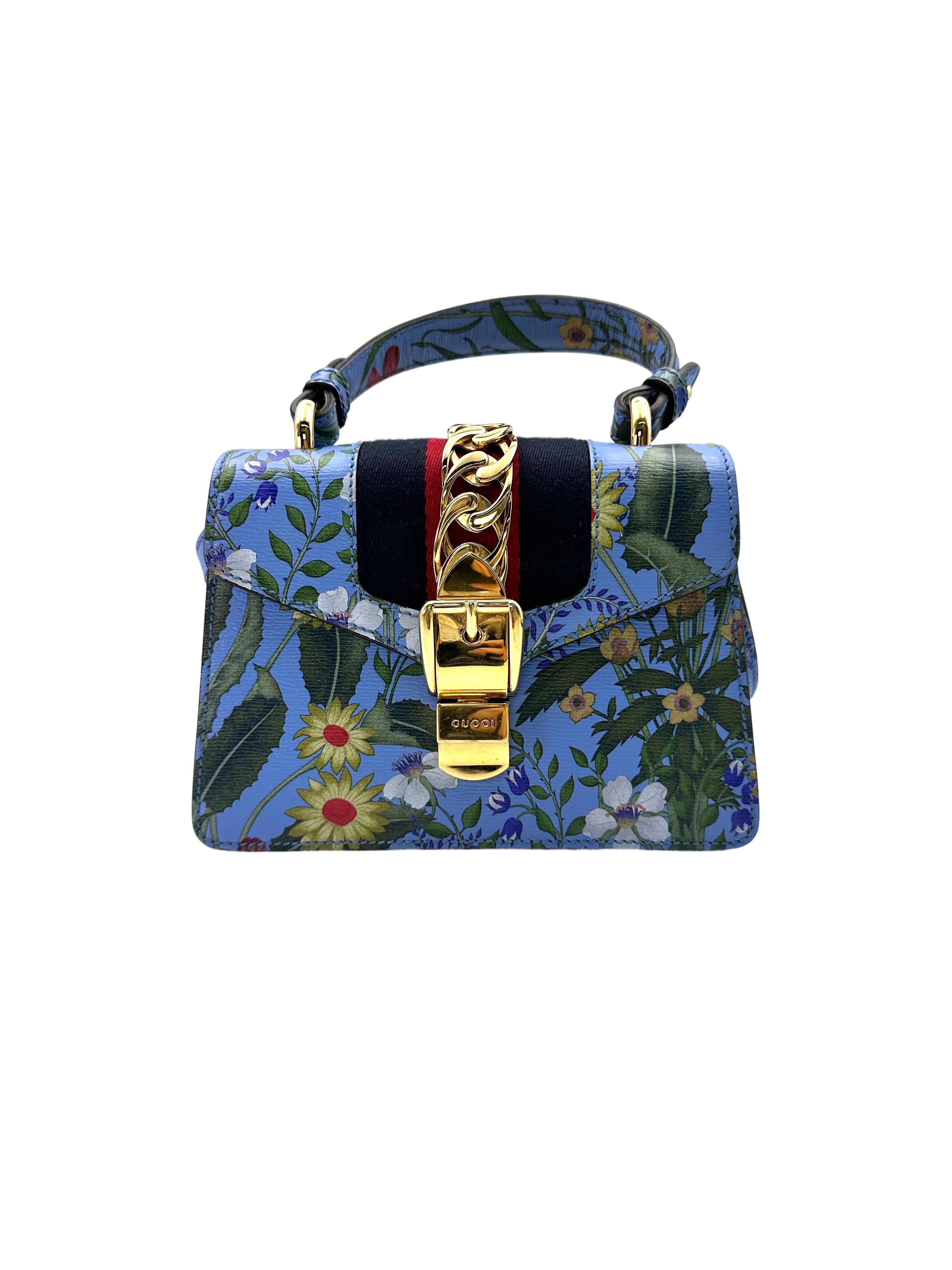 Gucci Sylvie Blue Floral Print Leather Small Size Top Handle Bag GG798
