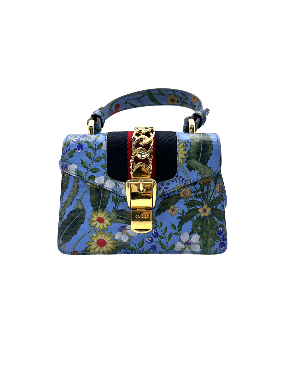 Gucci Sylvie Blue Floral Print Leather Small Size Top Handle Bag GG798