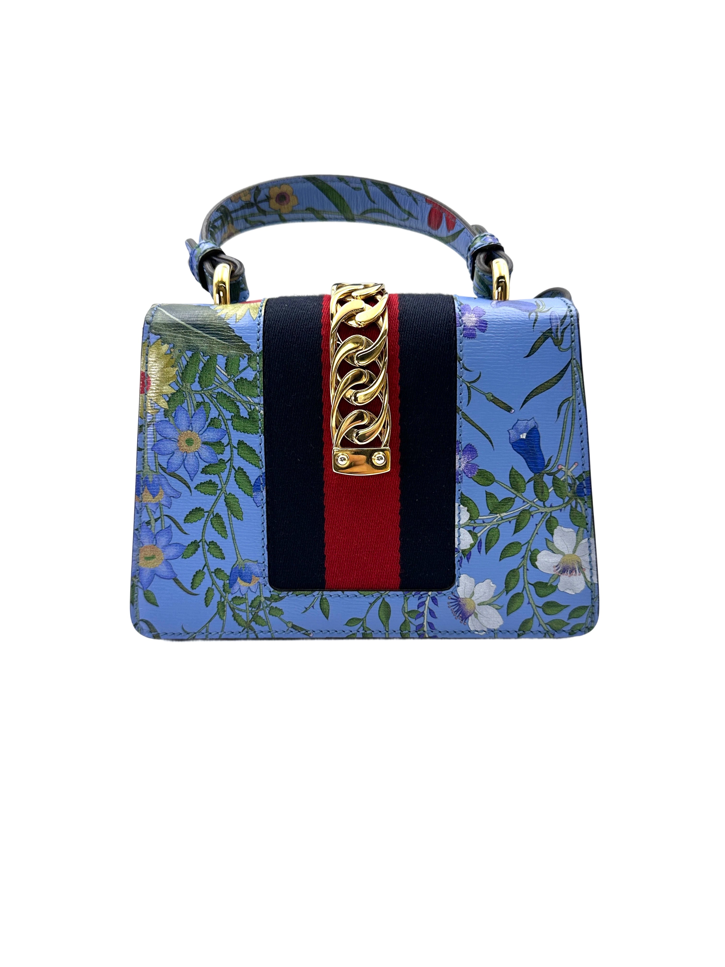 Gucci Sylvie Blue Floral Print Leather Small Size Top Handle Bag GG798