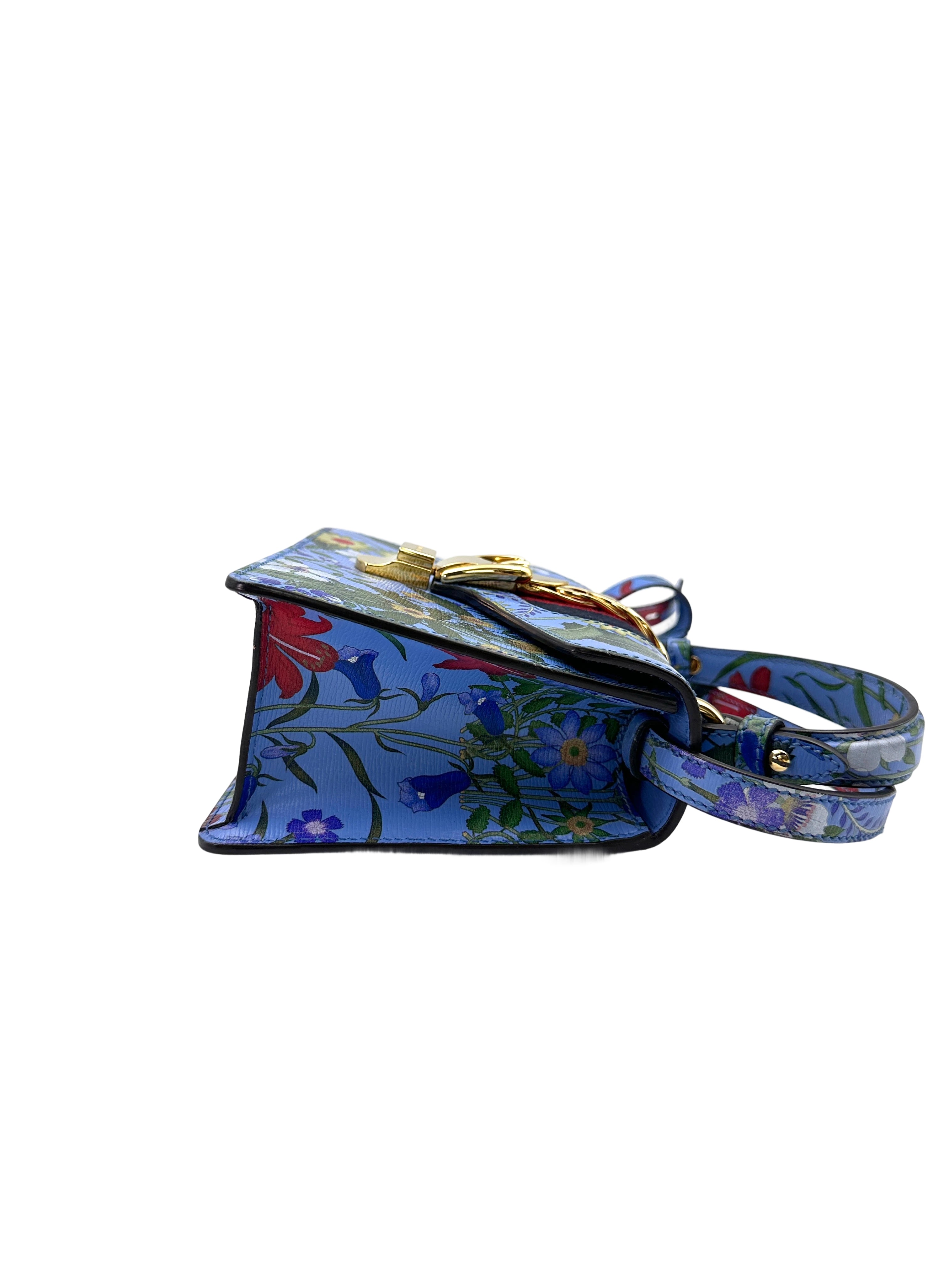 Gucci Sylvie Blue Floral Print Leather Small Size Top Handle Bag GG798