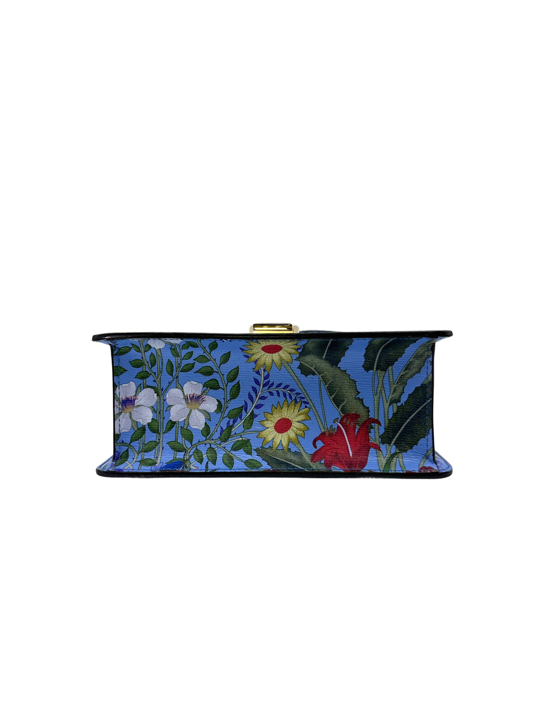 Gucci Sylvie Blue Floral Print Leather Small Size Top Handle Bag GG798