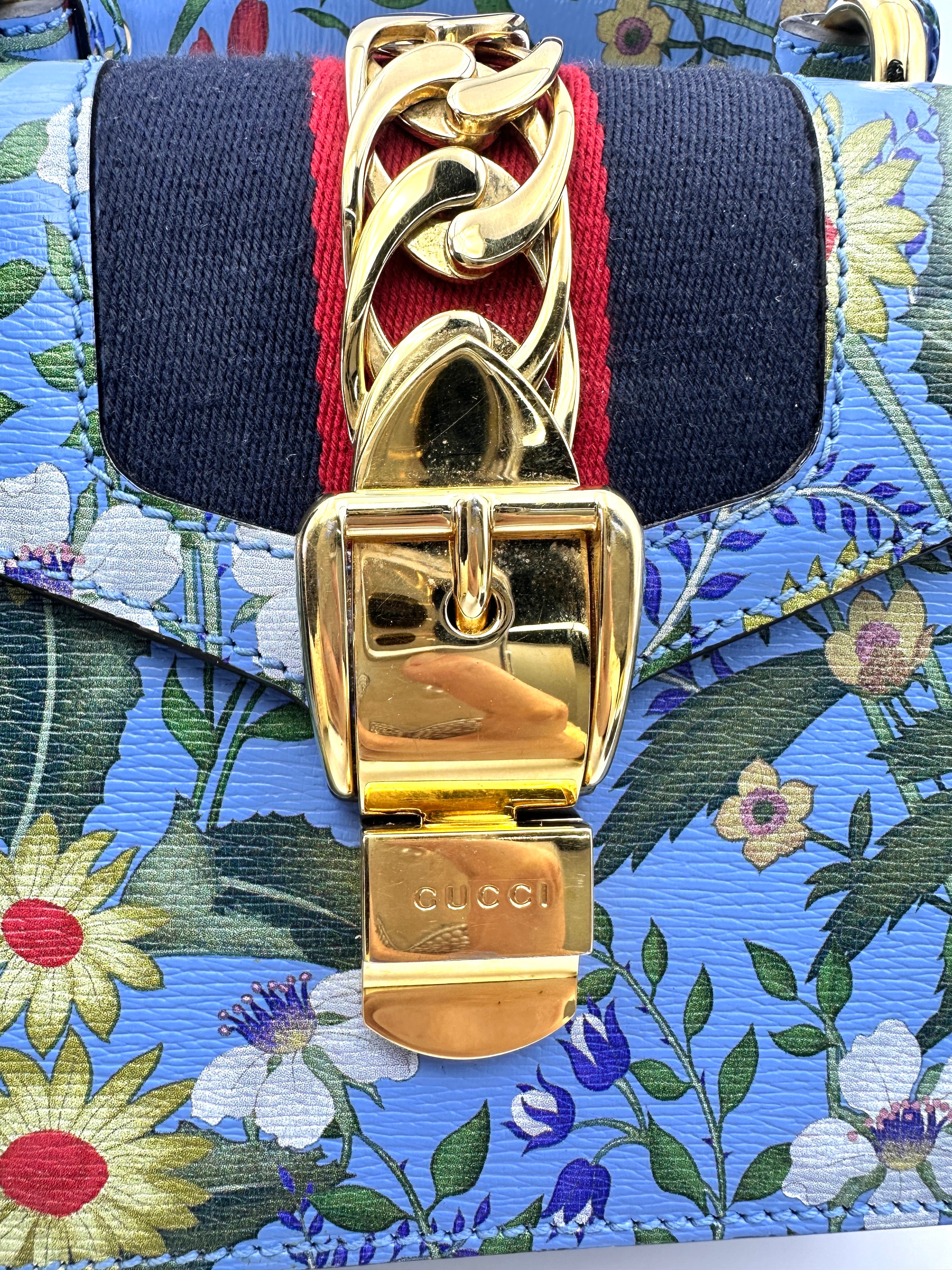 Gucci Sylvie Blue Floral Print Leather Small Size Top Handle Bag GG798