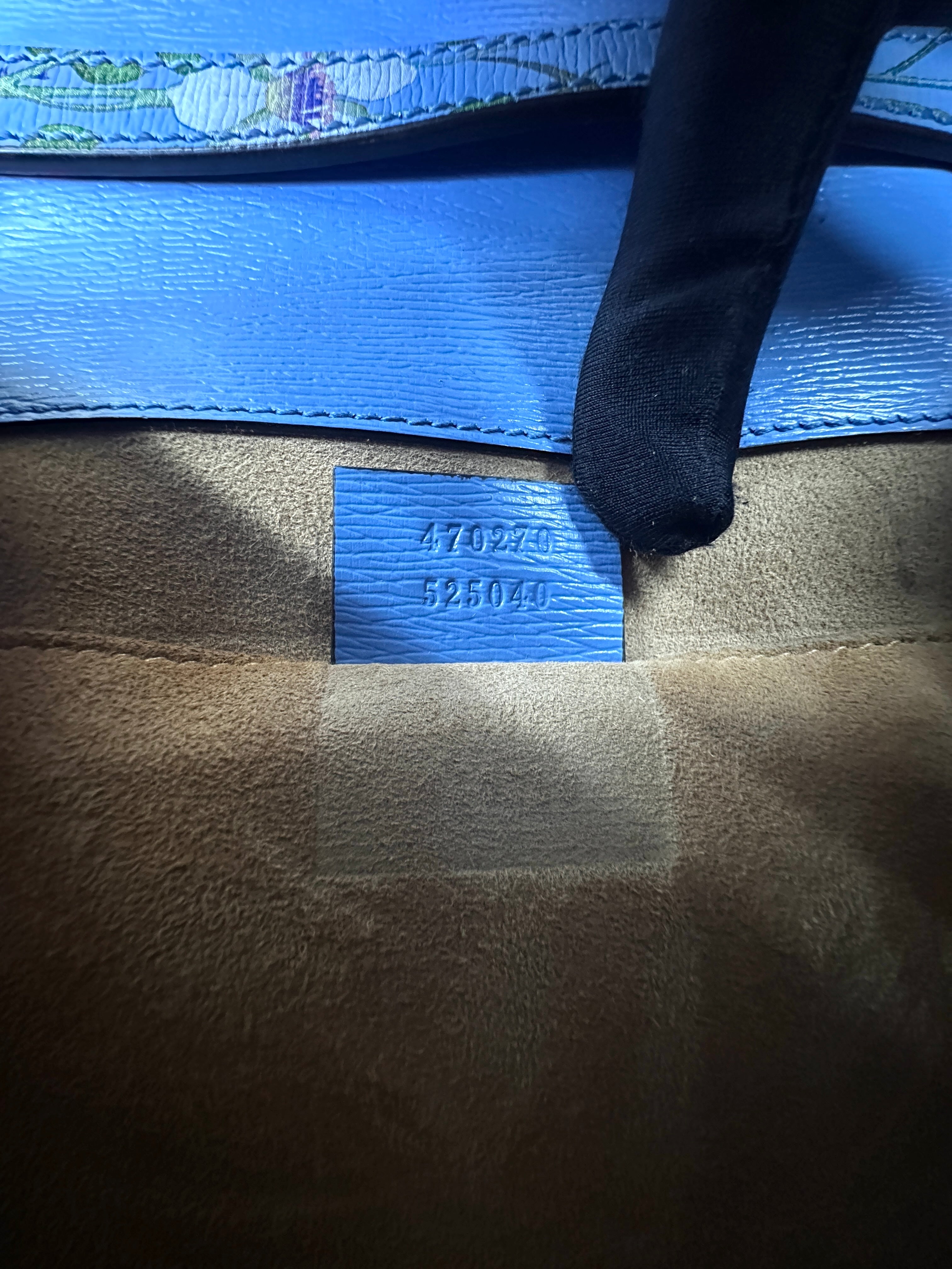 Gucci Sylvie Blue Floral Print Leather Small Size Top Handle Bag GG798
