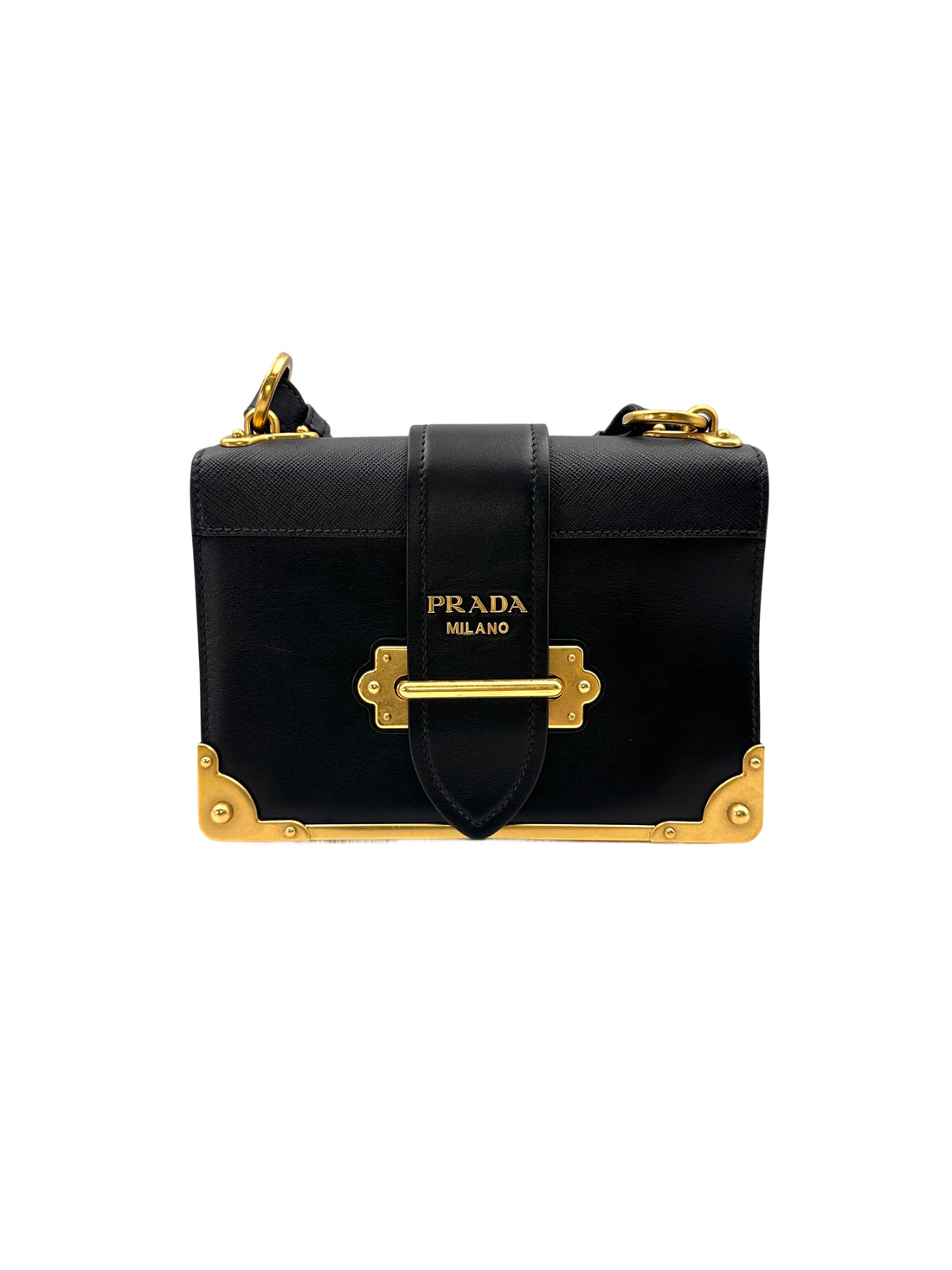 Prada Cahier Black Saffiano Leather Shoulder Bag With Gold Hardware PR215