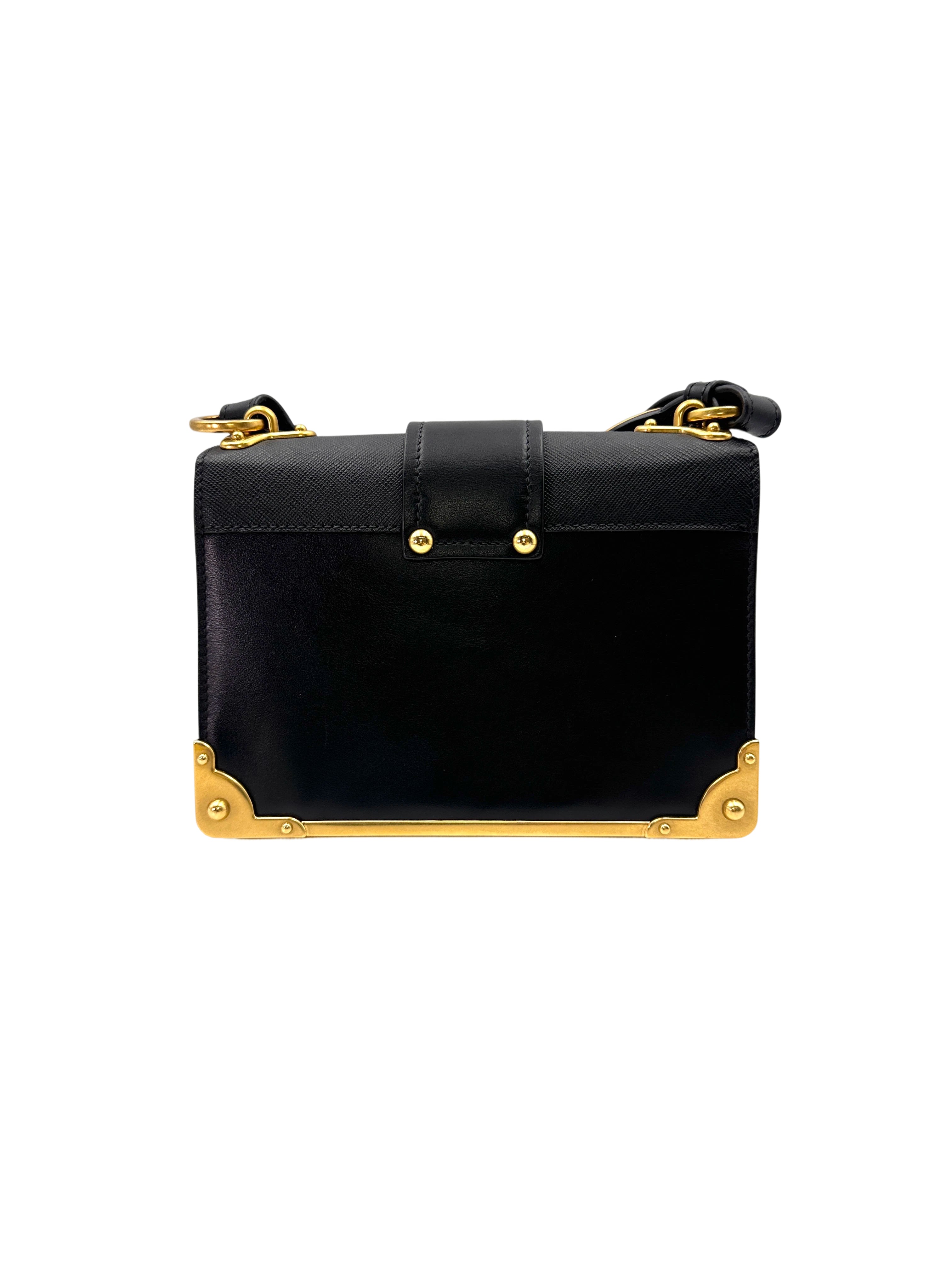 Prada Cahier Black Saffiano Leather Shoulder Bag With Gold Hardware PR215
