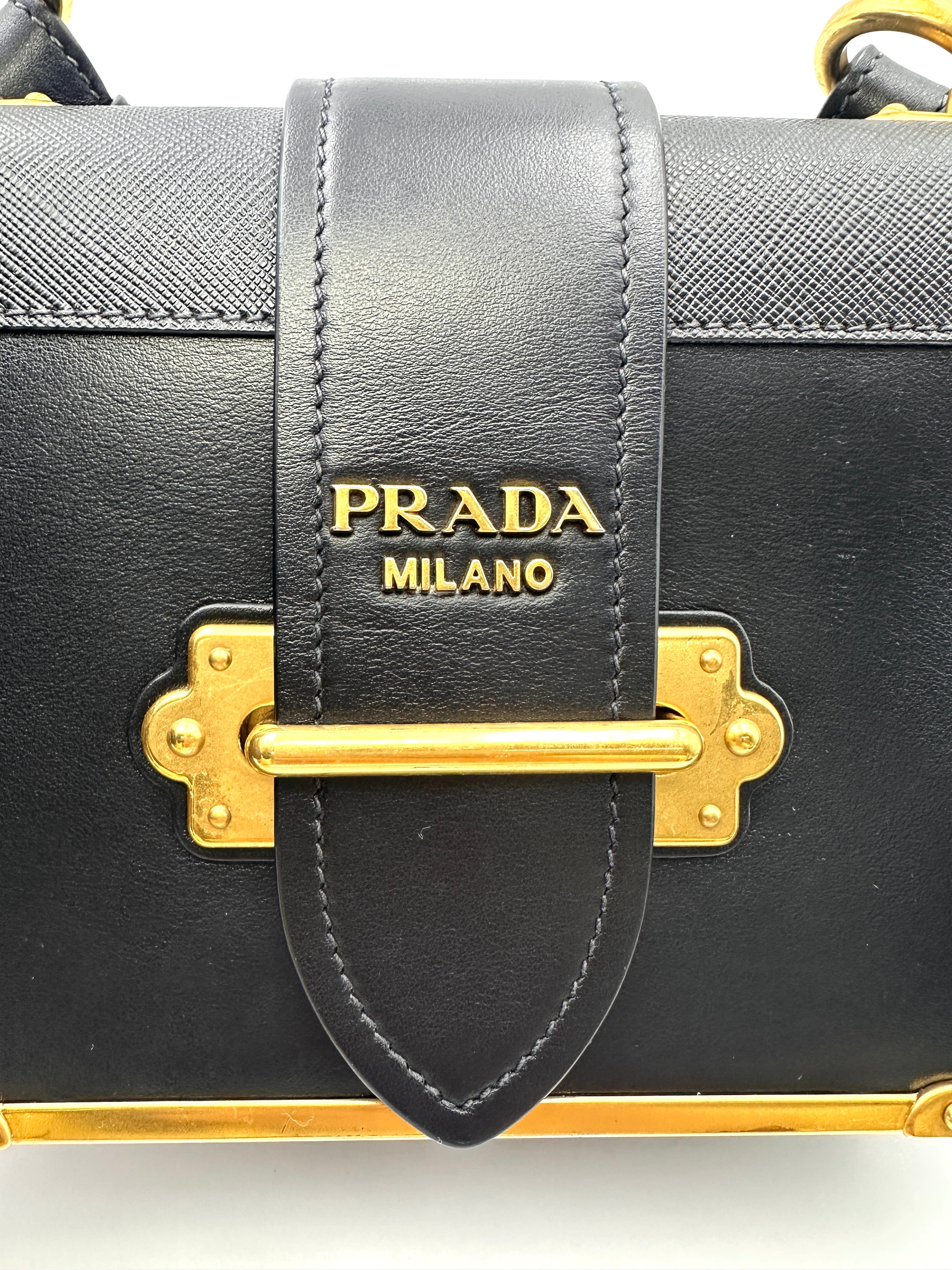 Prada Cahier Black Saffiano Leather Shoulder Bag With Gold Hardware PR215
