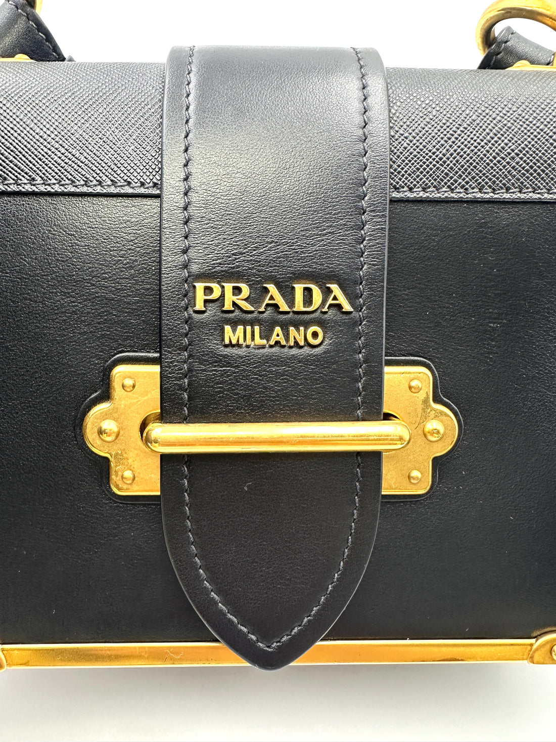 Prada Cahier Black Saffiano Leather Shoulder Bag With Gold Hardware PR215