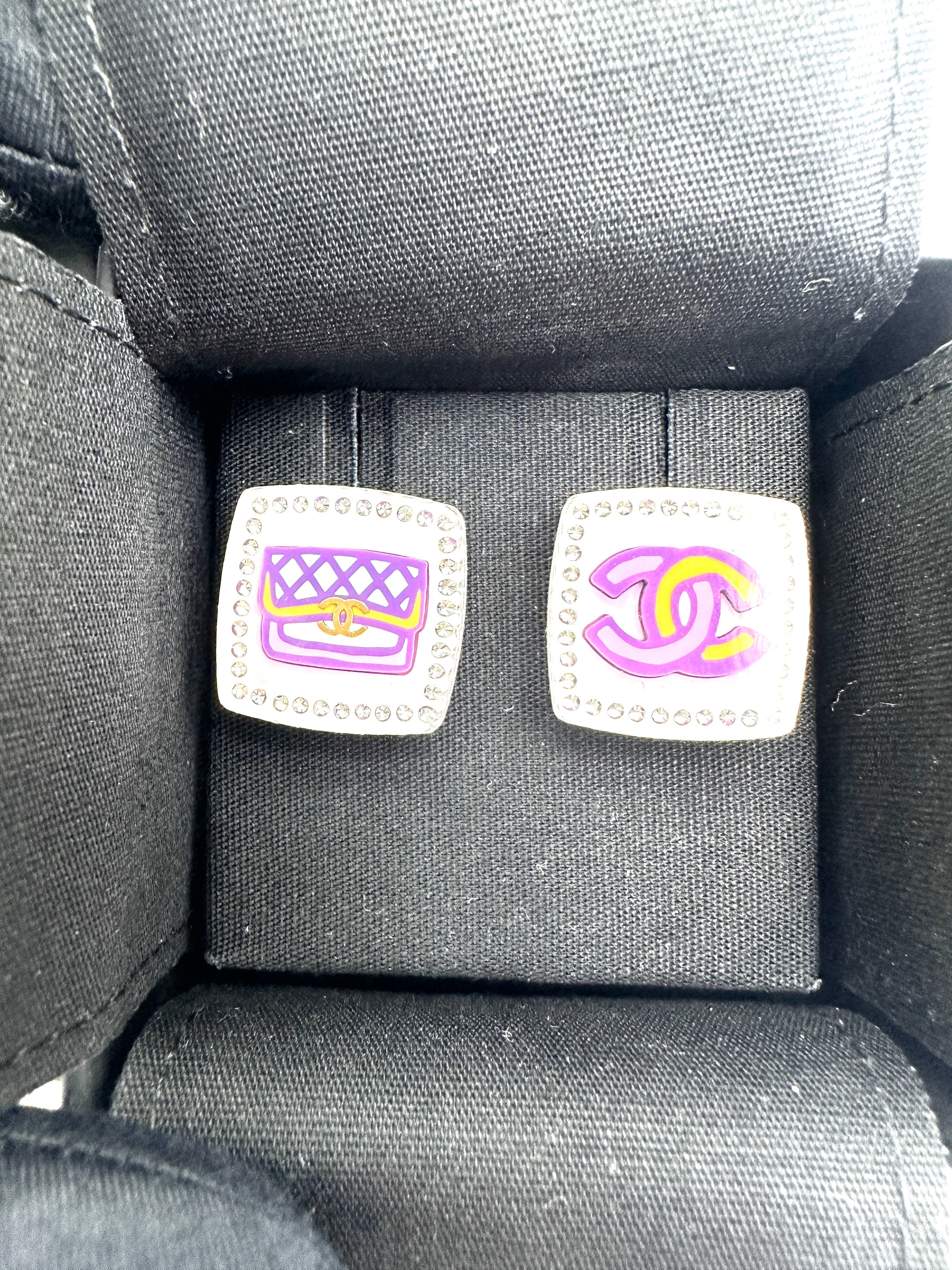 Chanel 24C Resin Crystal CC Logo & Flap Bag Asymmetrical Stud Earrings IRIS104