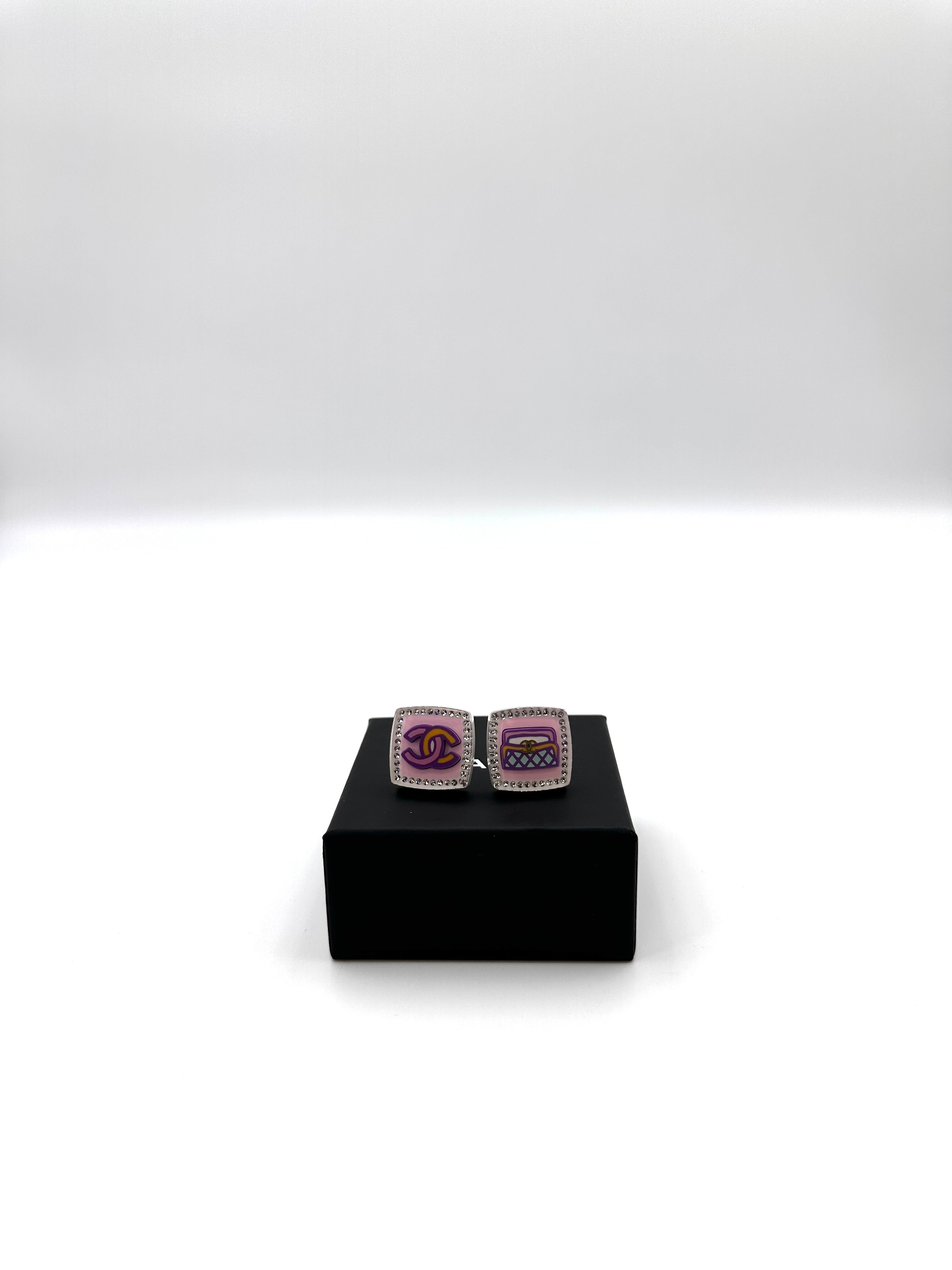 Chanel 24C Resin Crystal CC Logo & Flap Bag Asymmetrical Stud Earrings IRIS104