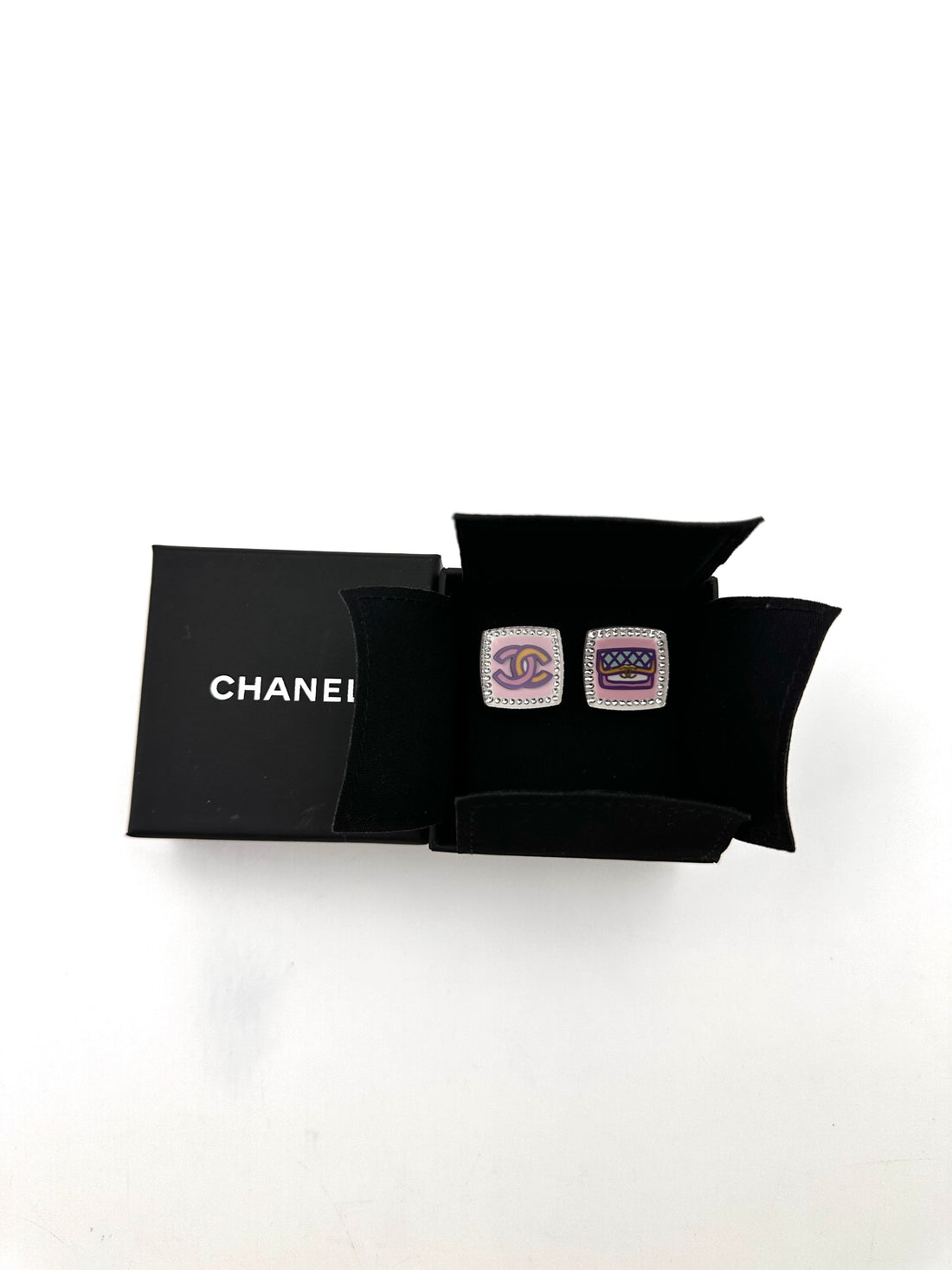 Chanel 24C Resin Crystal CC Logo & Flap Bag Asymmetrical Stud Earrings IRIS104
