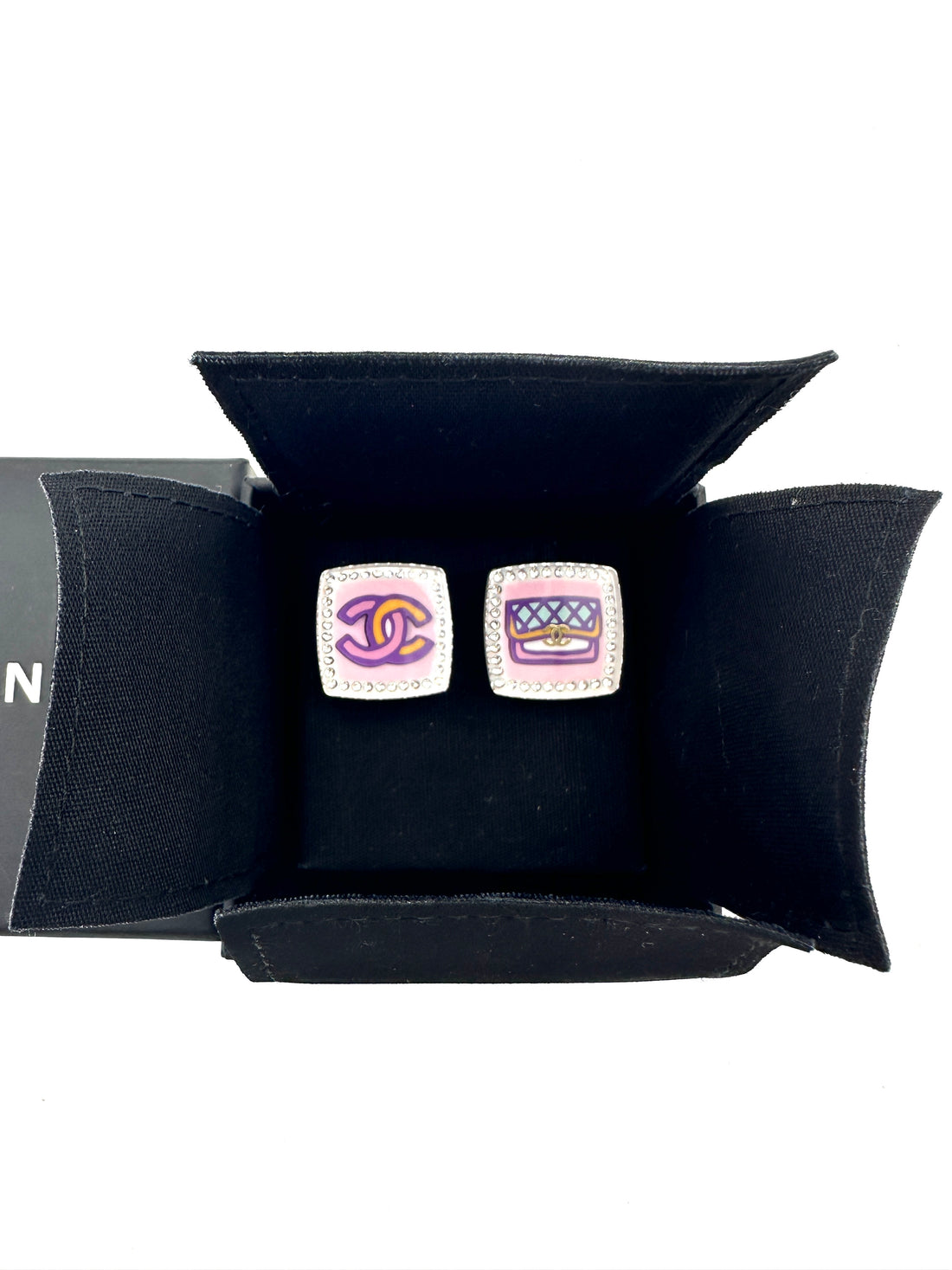 Chanel 24C Resin Crystal CC Logo & Flap Bag Asymmetrical Stud Earrings IRIS104