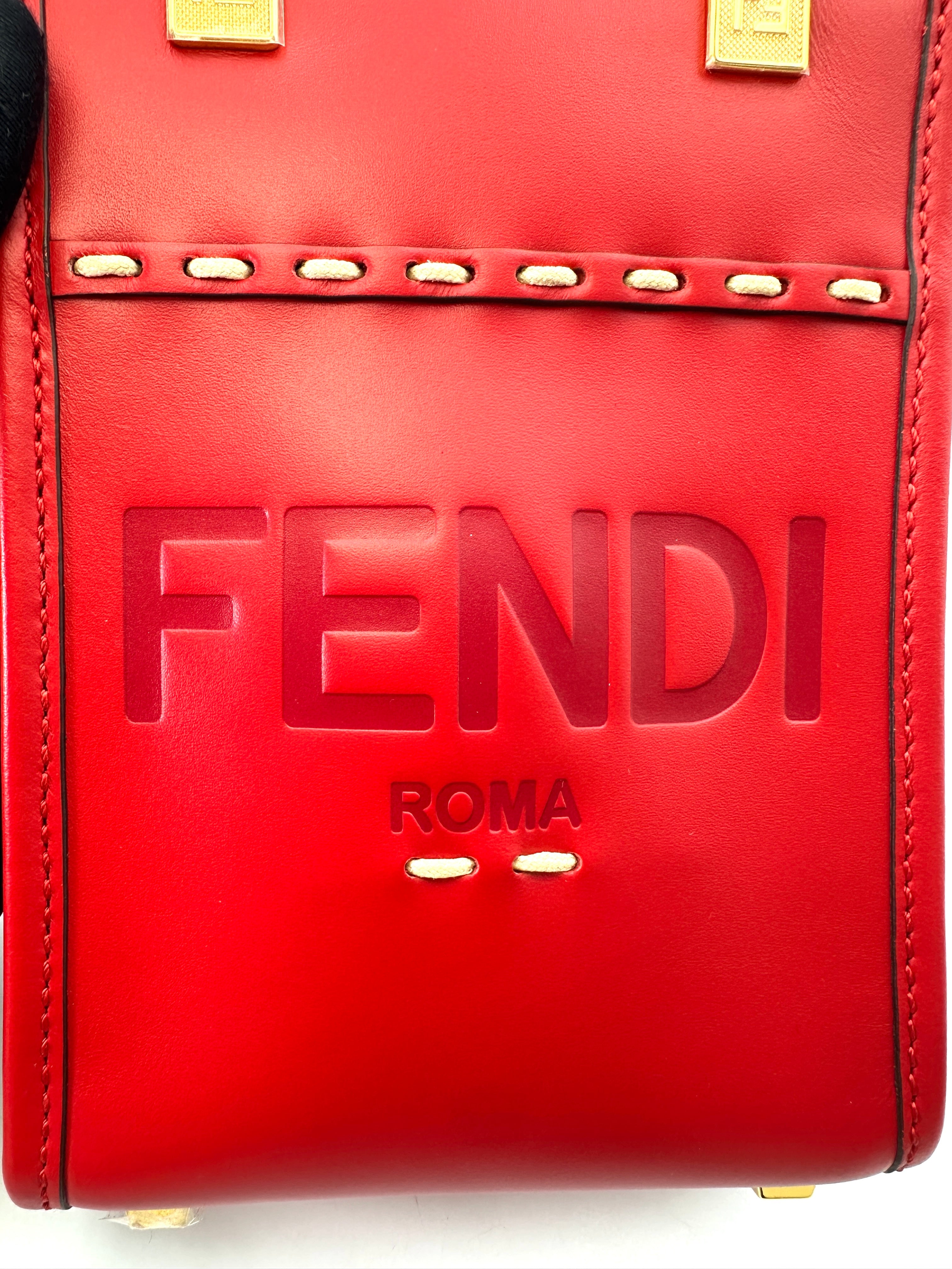 Fendi Red Leather Sunshine Shopper Tote Bag FF88