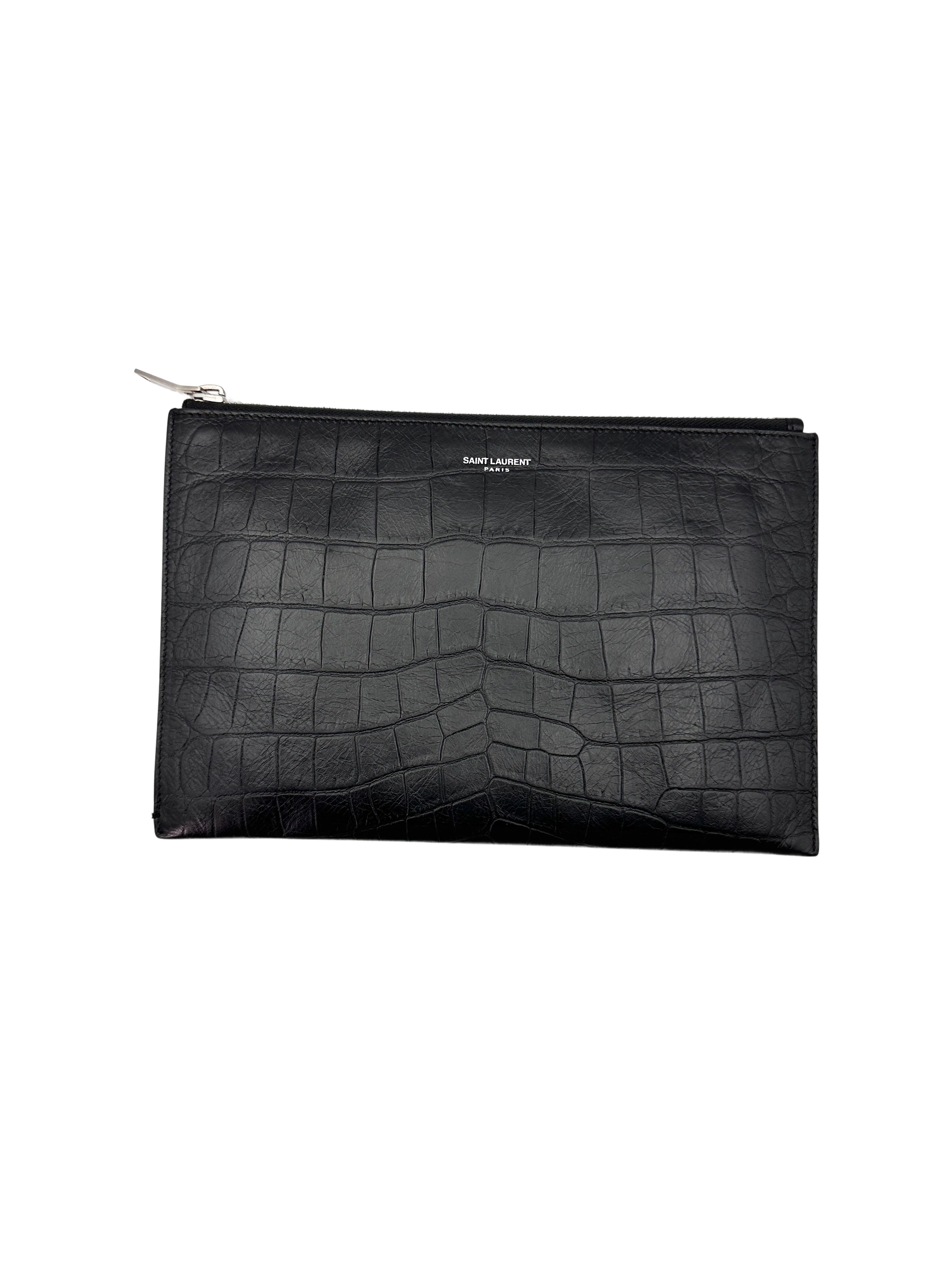 Saint Laurent Black Croc-Embossed Leather Zip Pouch Clutch Bag SL182