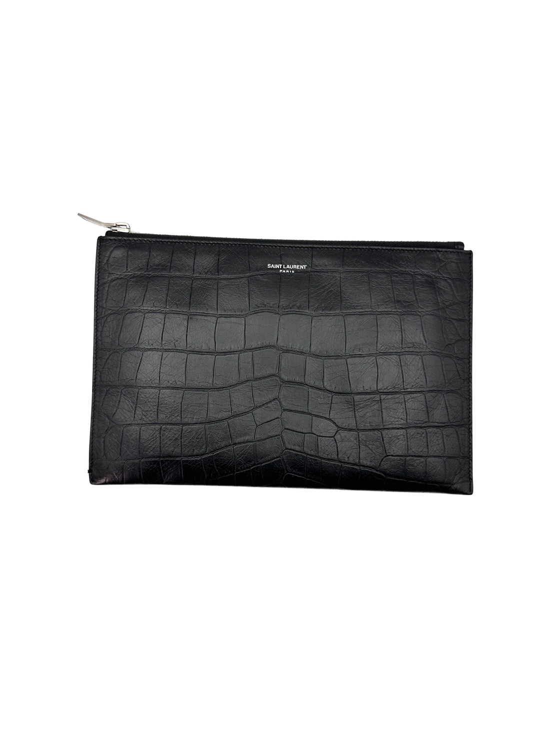 Saint Laurent Black Croc-Embossed Leather Zip Pouch Clutch Bag SL182