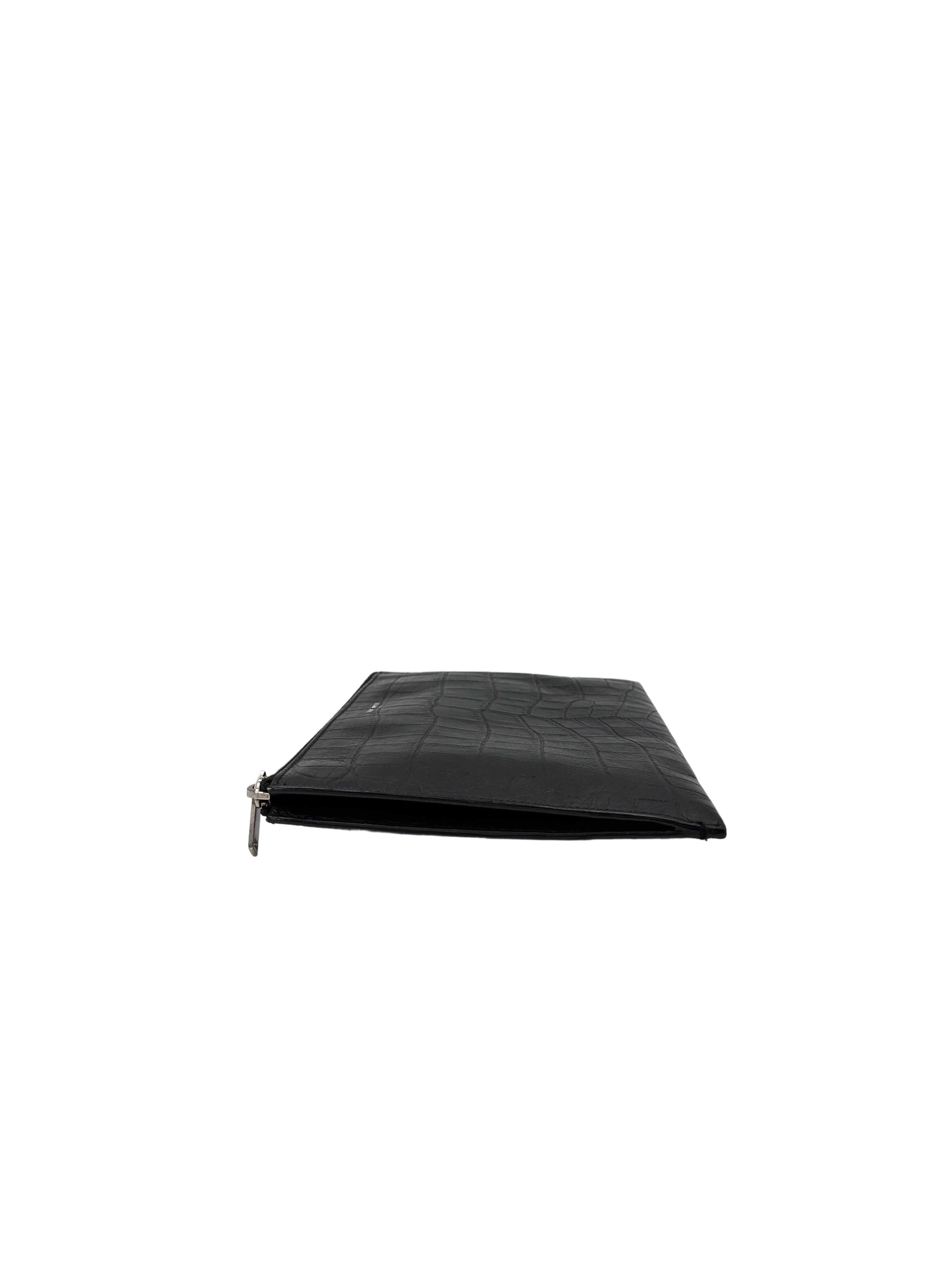 Saint Laurent Black Croc-Embossed Leather Zip Pouch Clutch Bag SL182