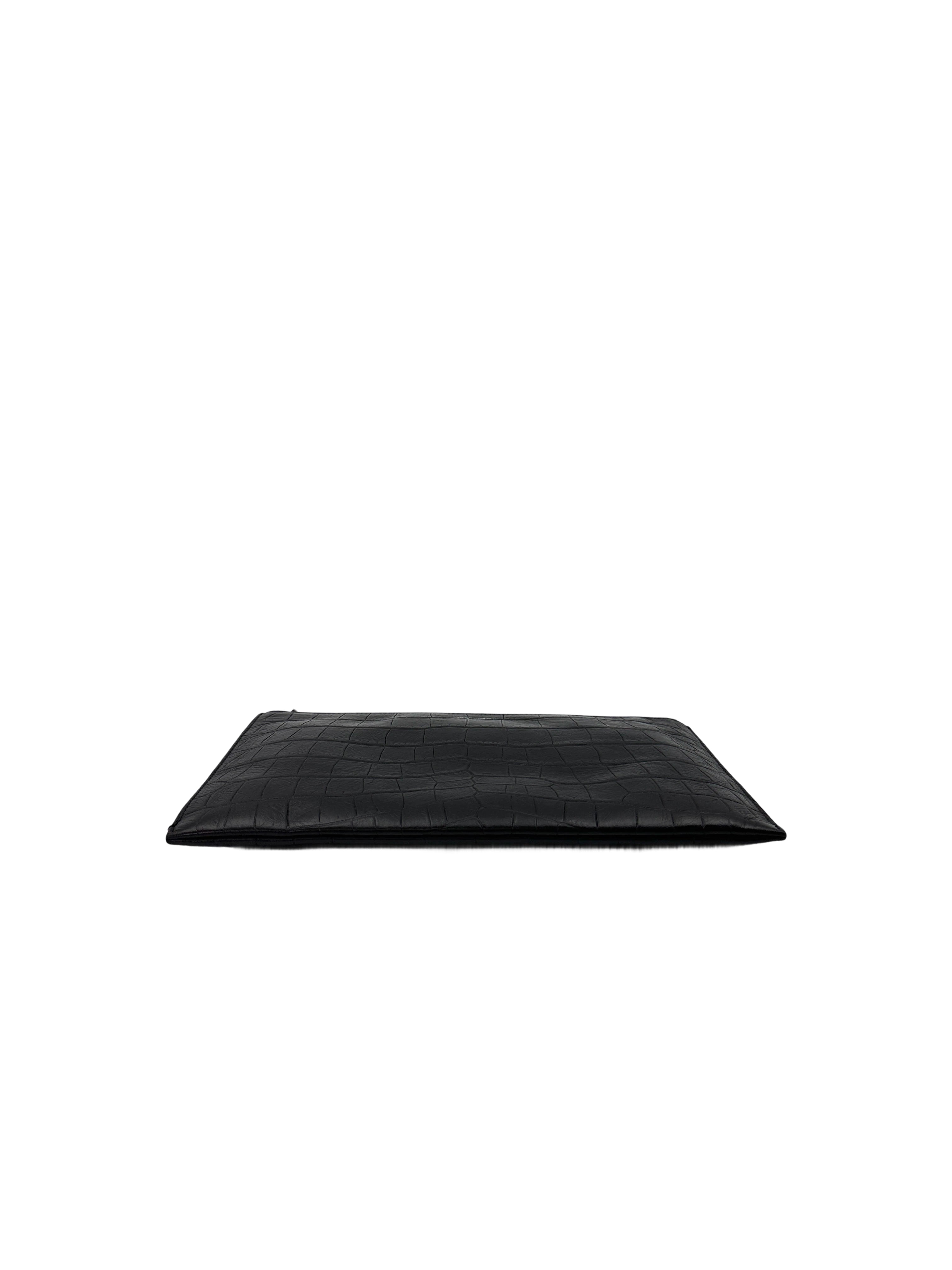 Saint Laurent Black Croc-Embossed Leather Zip Pouch Clutch Bag SL182