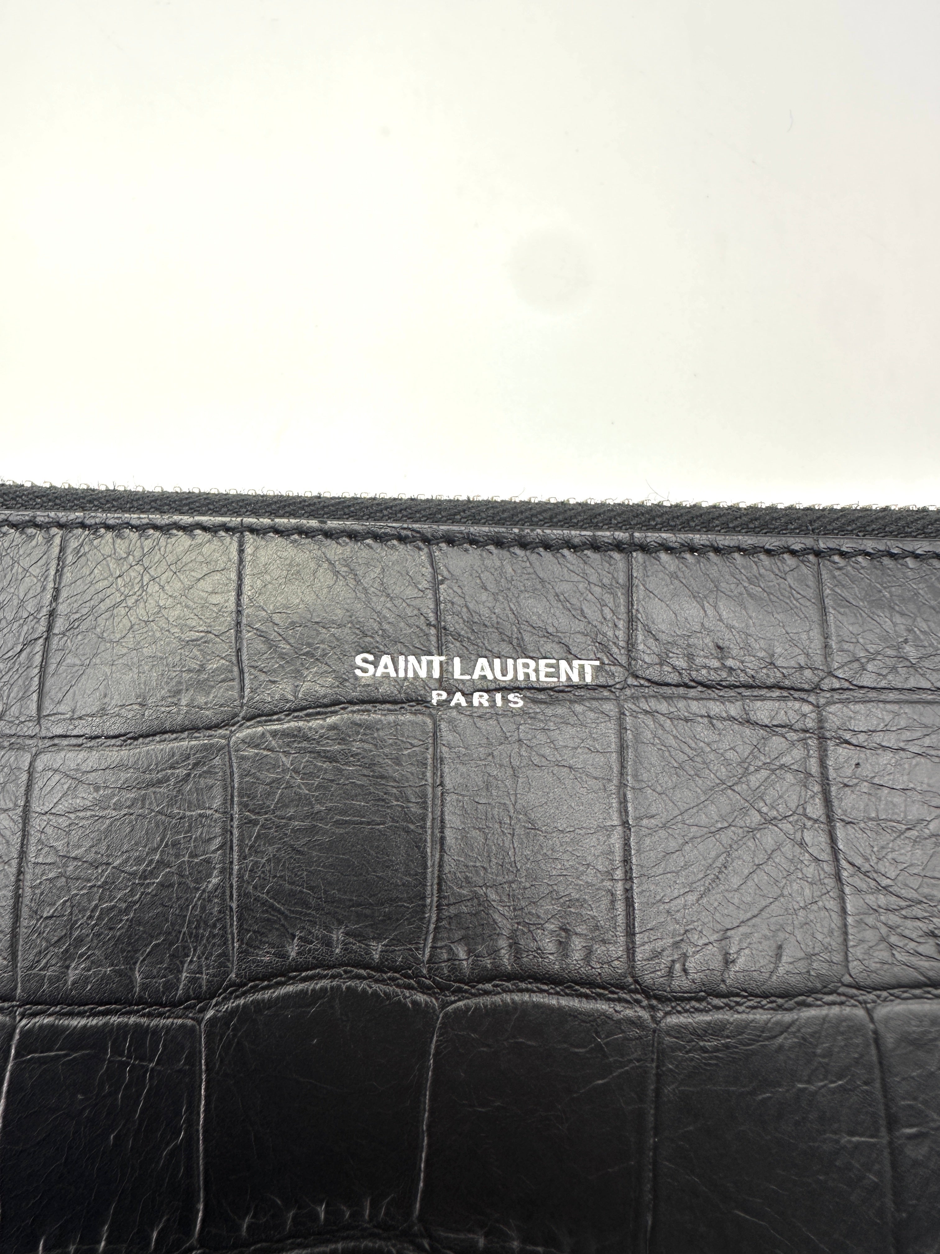 Saint Laurent Black Croc-Embossed Leather Zip Pouch Clutch Bag SL182