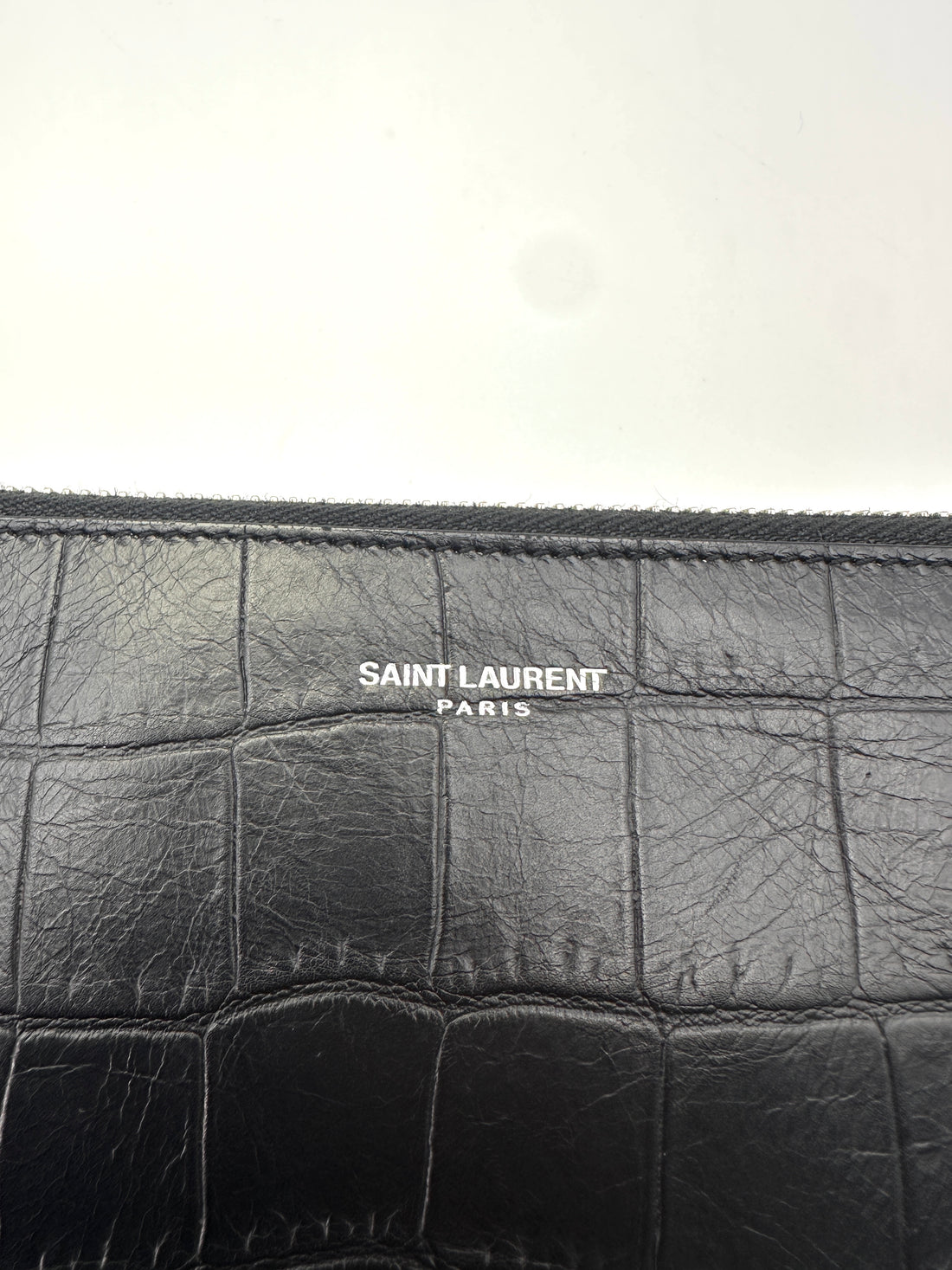 Saint Laurent Black Croc-Embossed Leather Zip Pouch Clutch Bag SL182