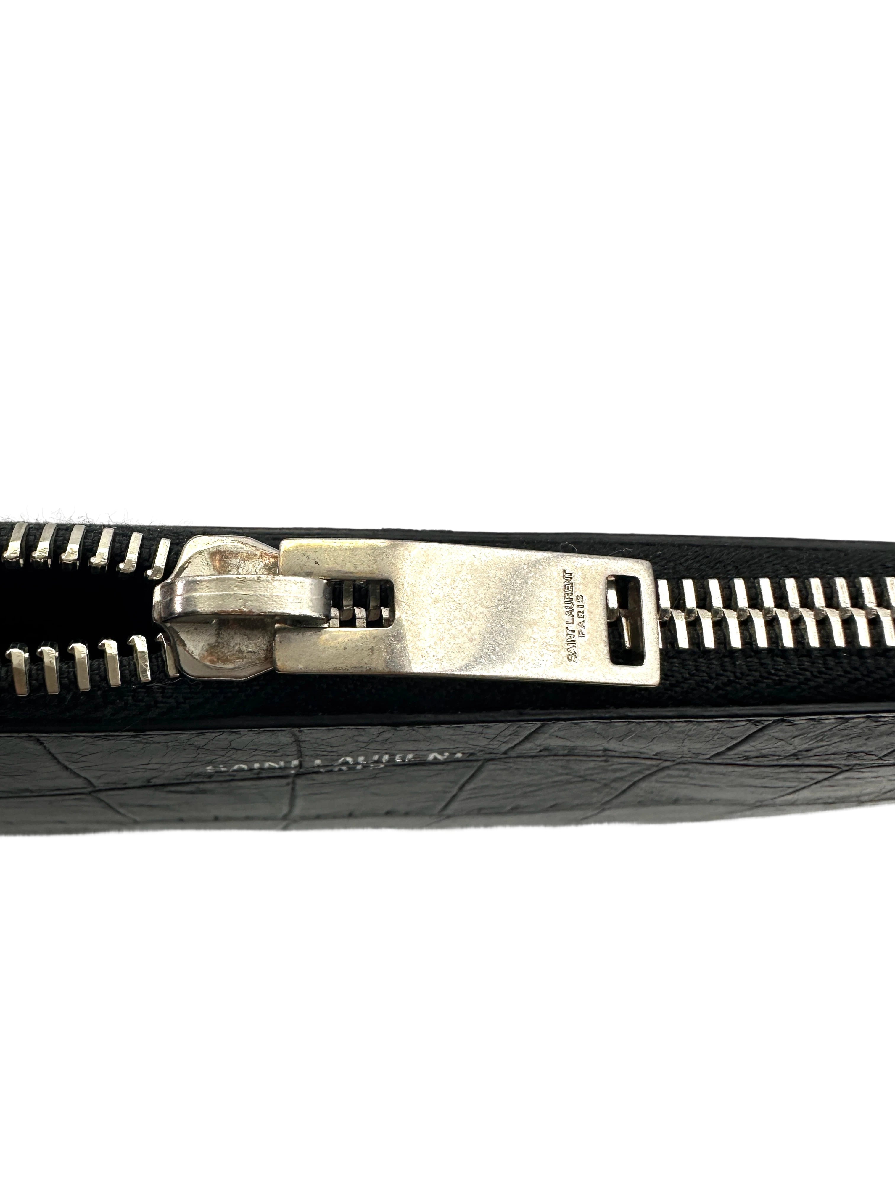 Saint Laurent Black Croc-Embossed Leather Zip Pouch Clutch Bag SL182