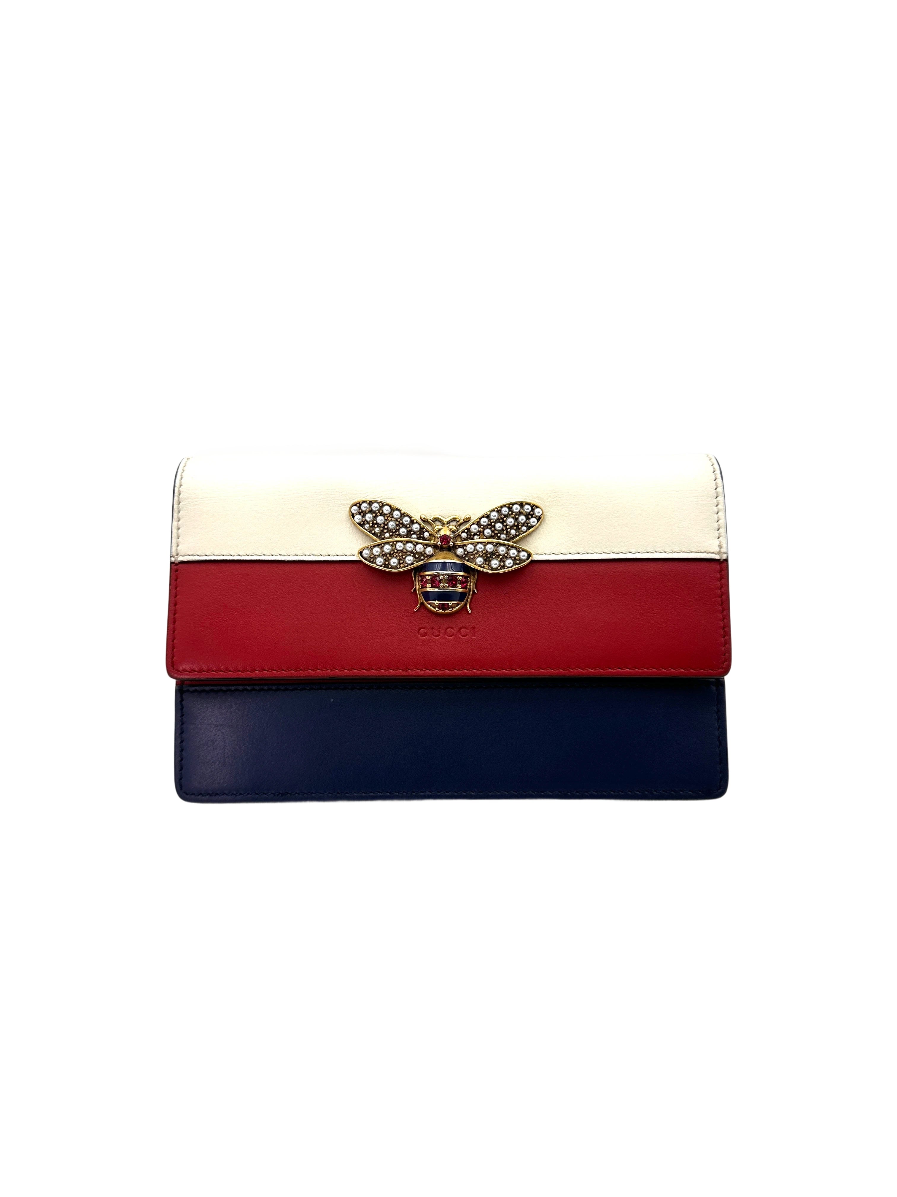 Gucci Queen Margaret Bee Multicolor Leather Wallet On Chain GG809