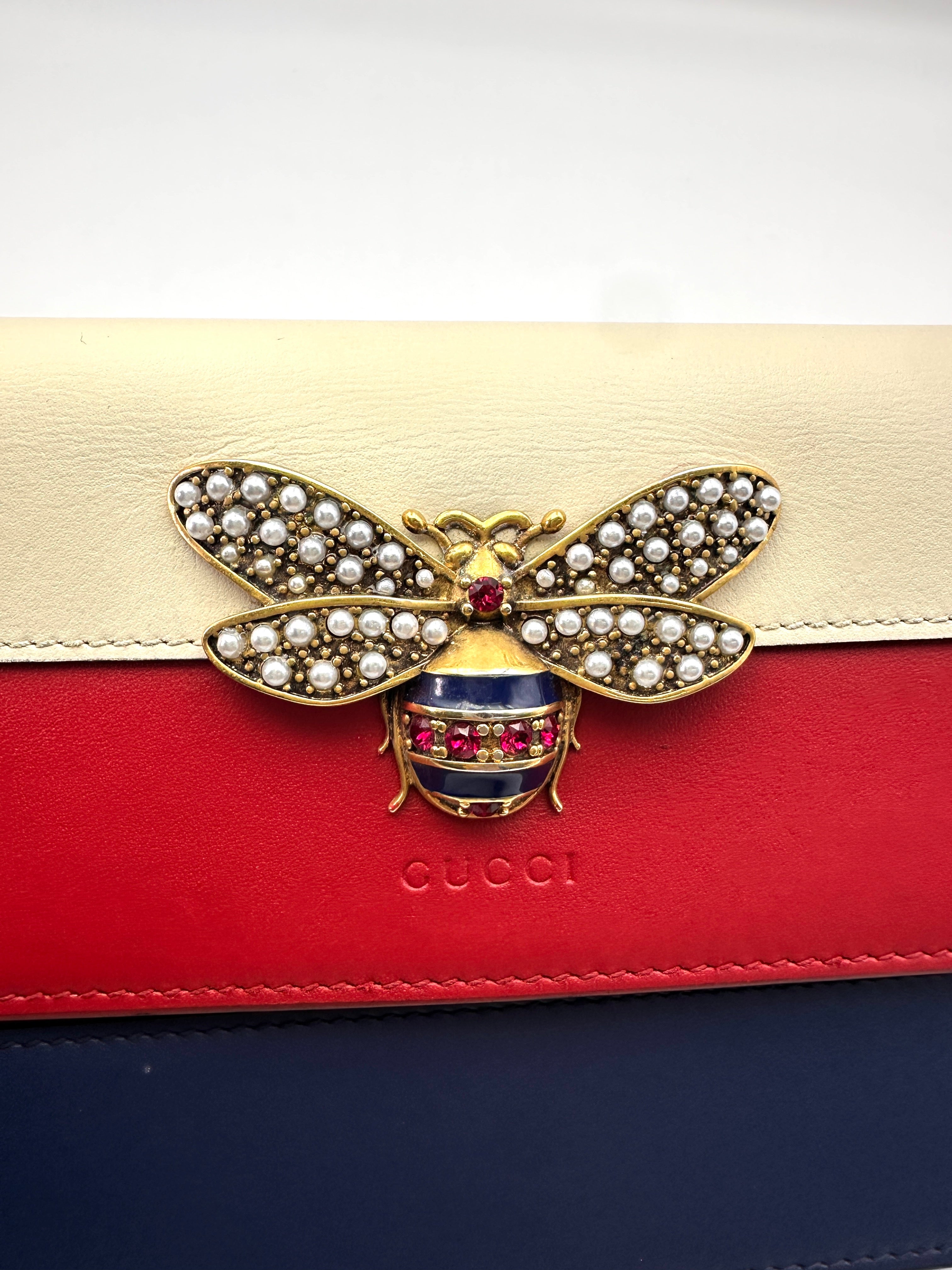 Gucci Queen Margaret Bee Multicolor Leather Wallet On Chain GG809