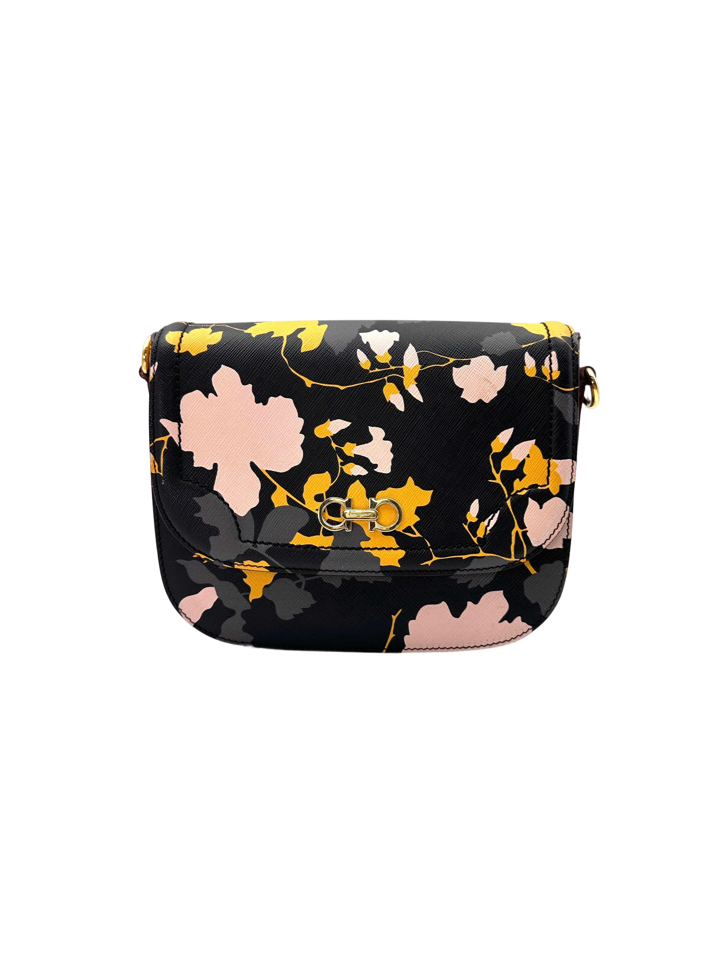 Salvatore Ferragamo Greta Flowers Saffiano Leather Shoulder Bag FG07