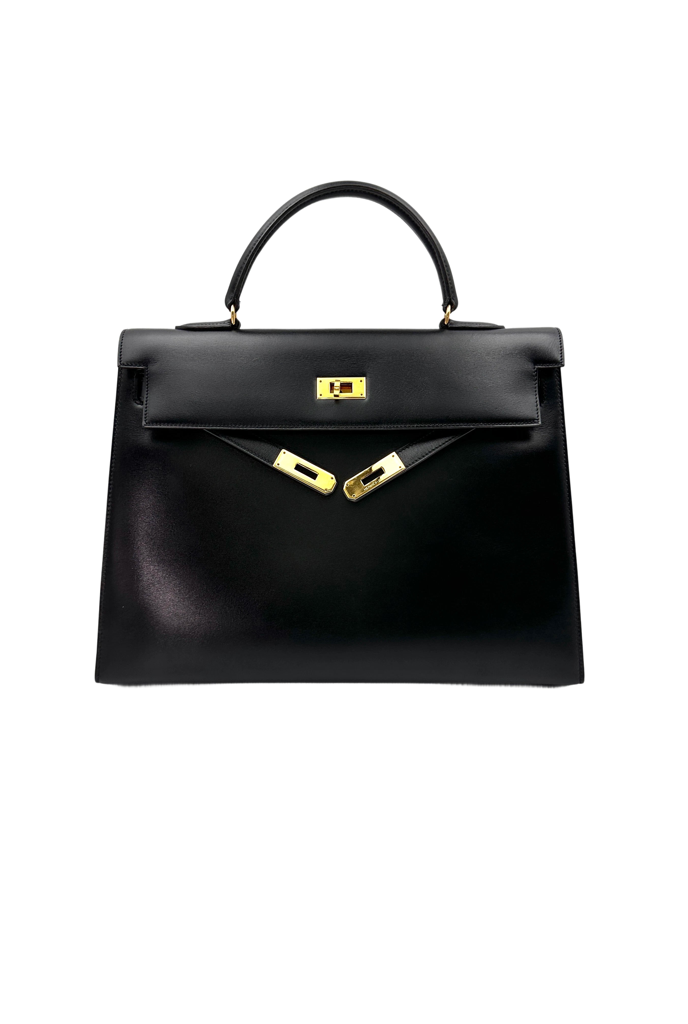 Hermes Kelly35 Black Leather Handle Bag With Gold Hardware HR86