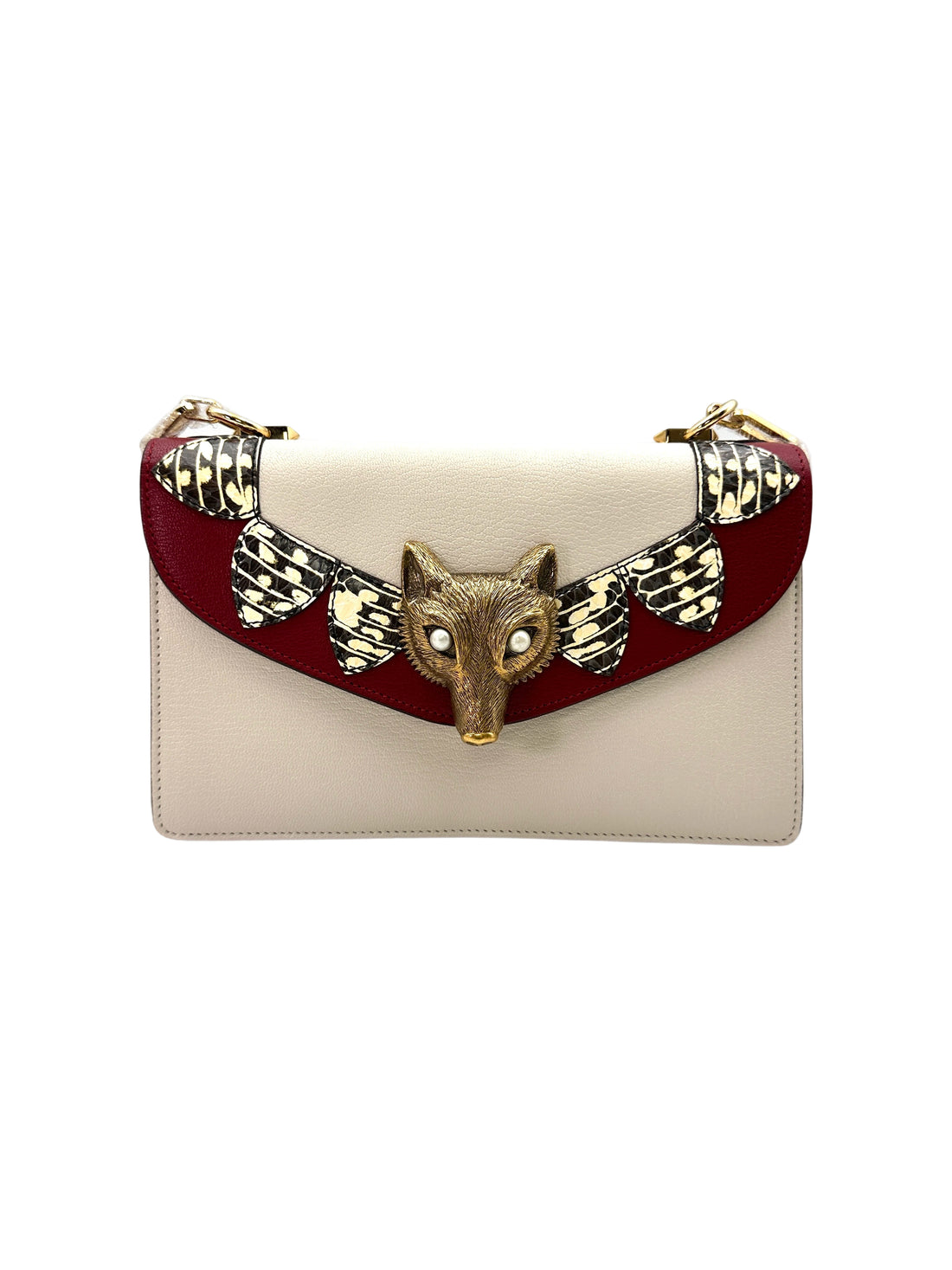 Gucci Broche White Leather Pearl Fox Head Shoulder Bag With Python Trim GG810